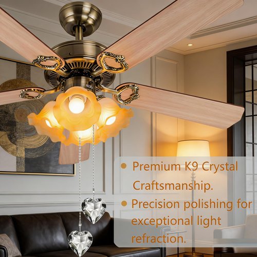 Hyamass Ceiling Fan Pull Chain Extender - 2 Pack 12 Inches Decorative Crystal Heart Prism Pendants with Ball Chain Connectors for Fan Light Chains (Replacement Pull Chains) (Clear)