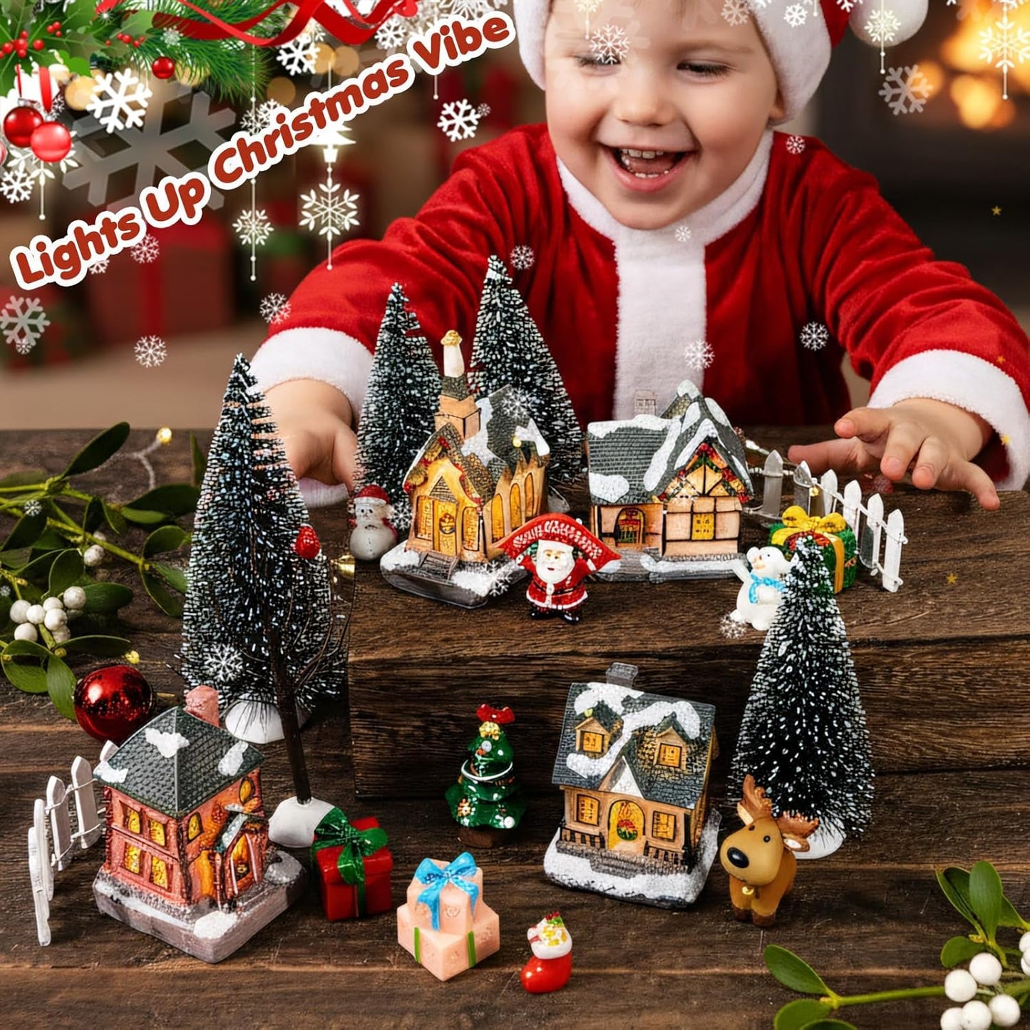 Warmtree Christmas Village Houses Set - 22 Pcs Resin Figurines with Santa, Tree & Picket Fence for Holiday Decor