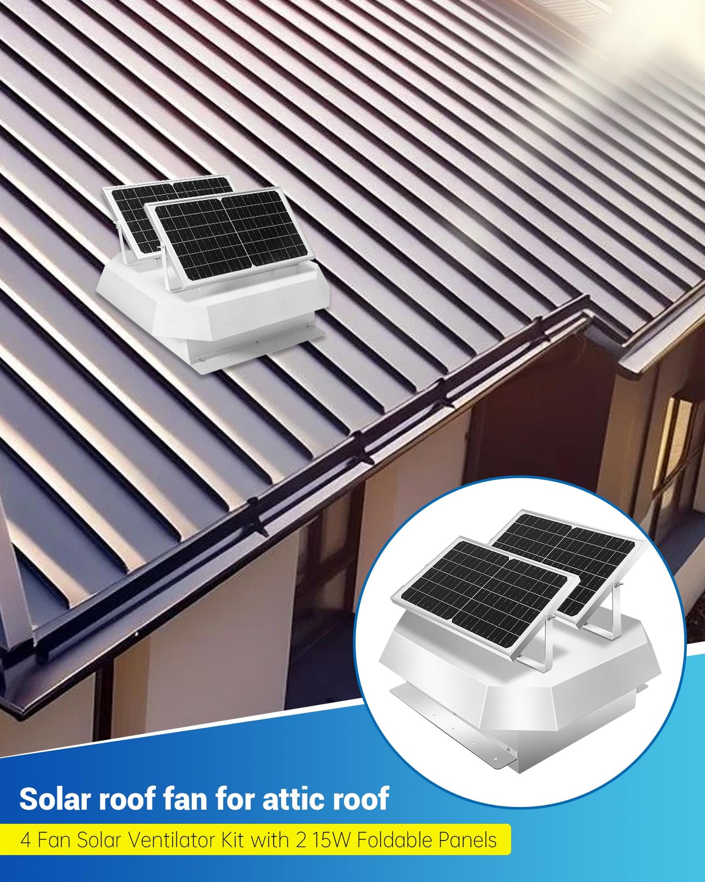 Solar Powered Roof Vent Fan with Four High-Speed Fans, Ventilation and Cooling Solar Attic Exhaust Fan, Suitable for Lofts, Shops, Garages