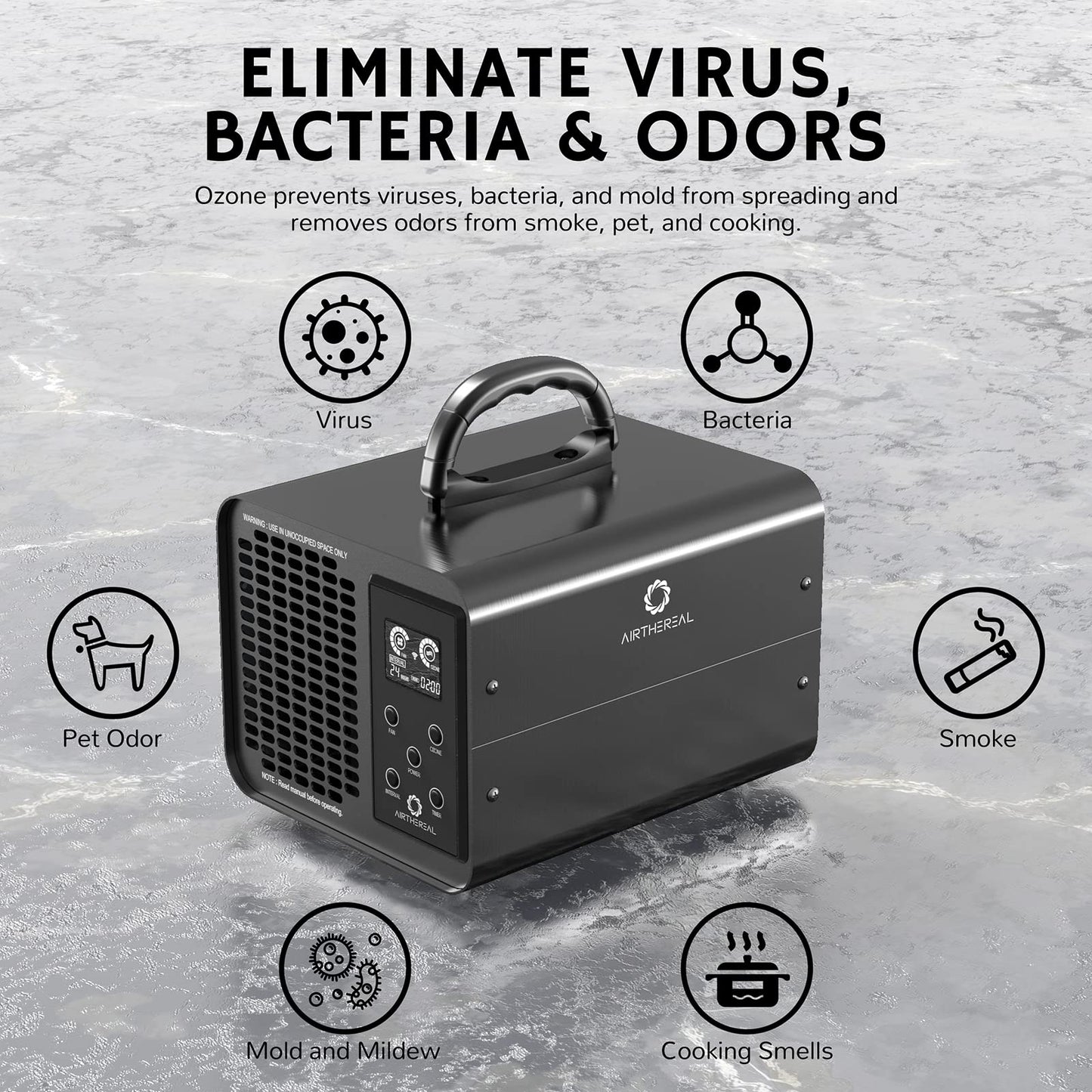 Airthereal MA10K-PRO SMART WiFi Ozone Generator - High Ozone Output Capacity Ozonator- Odor Remover, Deodorizer, Sterilizer - Adjustable Output and Timer Settings for Any Size Room - Black