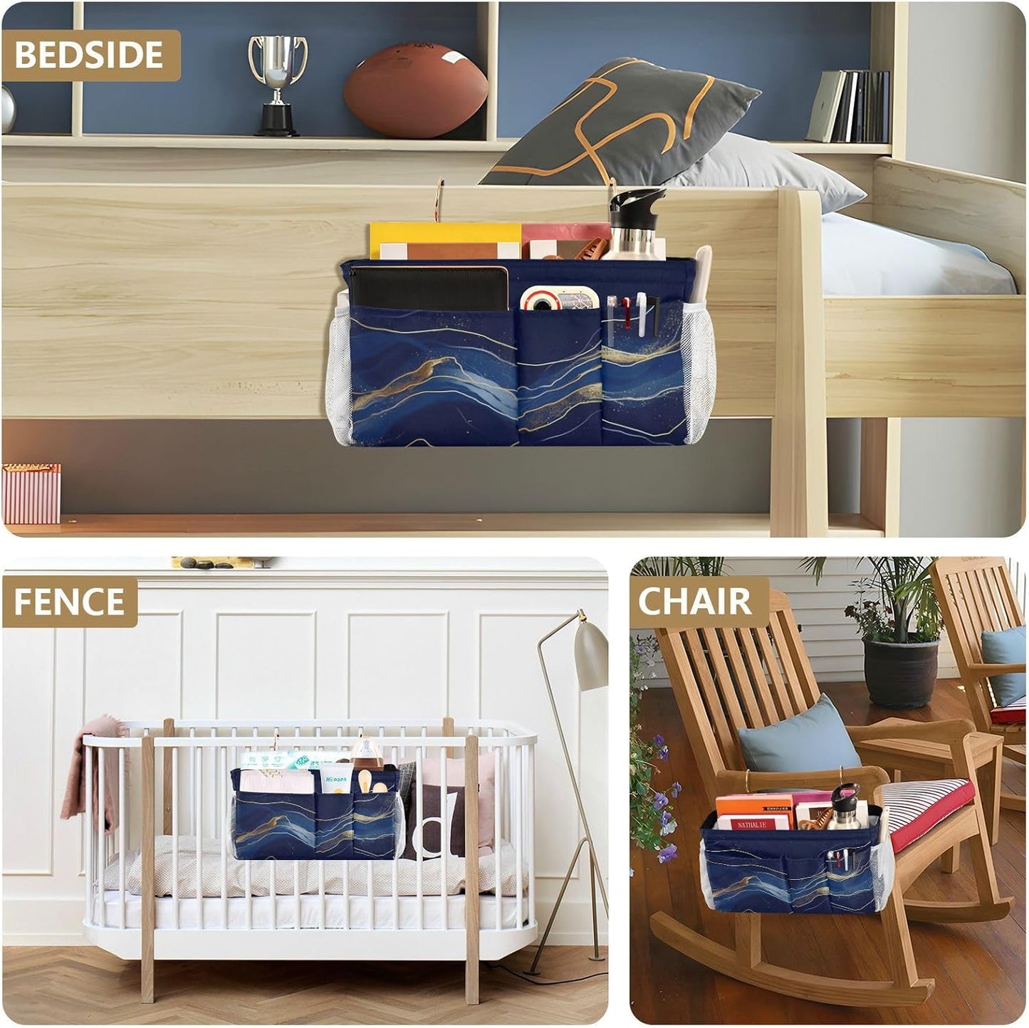 Amooorous Bedside Storage Caddy For Dorm Table Cabinet Storage Organizer for Bed Rails Deep Blue-gold Marble Texture