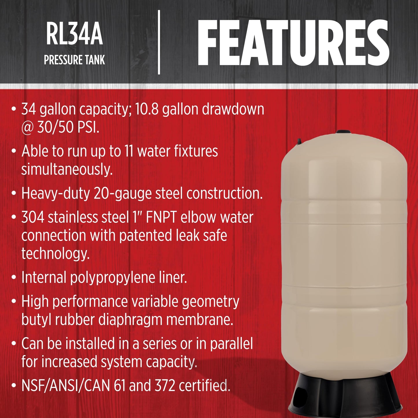 Red Lion RL34A 34-Gallon Vertical Pre-Charged Pressure Tank with Thermoplastic Base for Well Pumps, 1-Inch FNPT System Connection, Almond, 604683