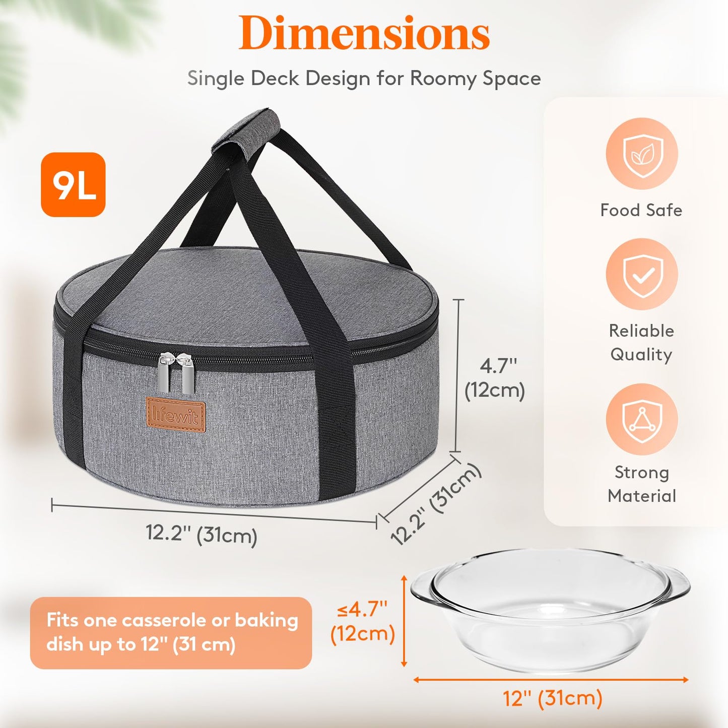 Lifewit Insulated Single Decker Round Casserole Carrier, Portable Pie Carrier Bag for Hot or Cold Food, Fits 12.5" Baking Dish, Thermal Lunch Tote for Potluck Parties, Picnic and Cookouts, Grey
