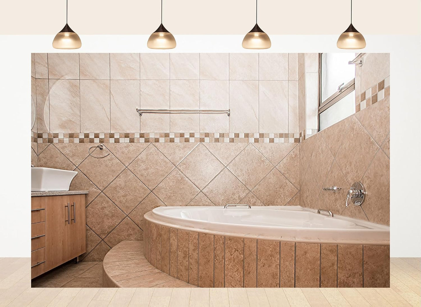 LidyMini 8x8ft Fabric Beige Tile Bathroom Backdrop Curved Bathtub Warm Neutral Tones Background Spa Shooting Theme
