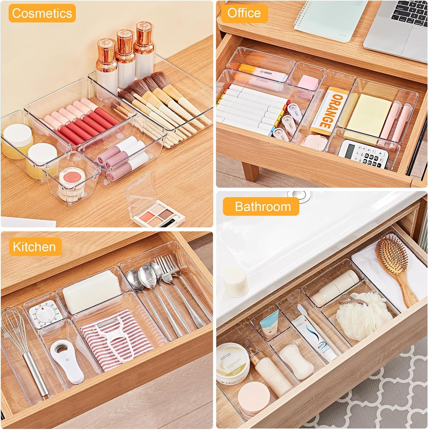 SMARTAKE 13-Piece Drawer Organizers - Non-Slip Silicone Pads | Versatile Storage Trays for Makeup, Jewelry & Utensils - Clear
