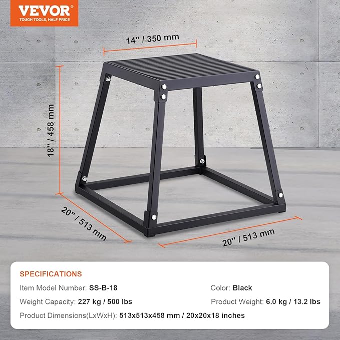 VEVOR Plyometric Jump Box, 18 Inch Plyo Box, Steel Plyometric Platform and Jumping Agility Box, Anti-Slip Fitness Exercise Step Up Box for Home Gym Training, Conditioning Strength Training
