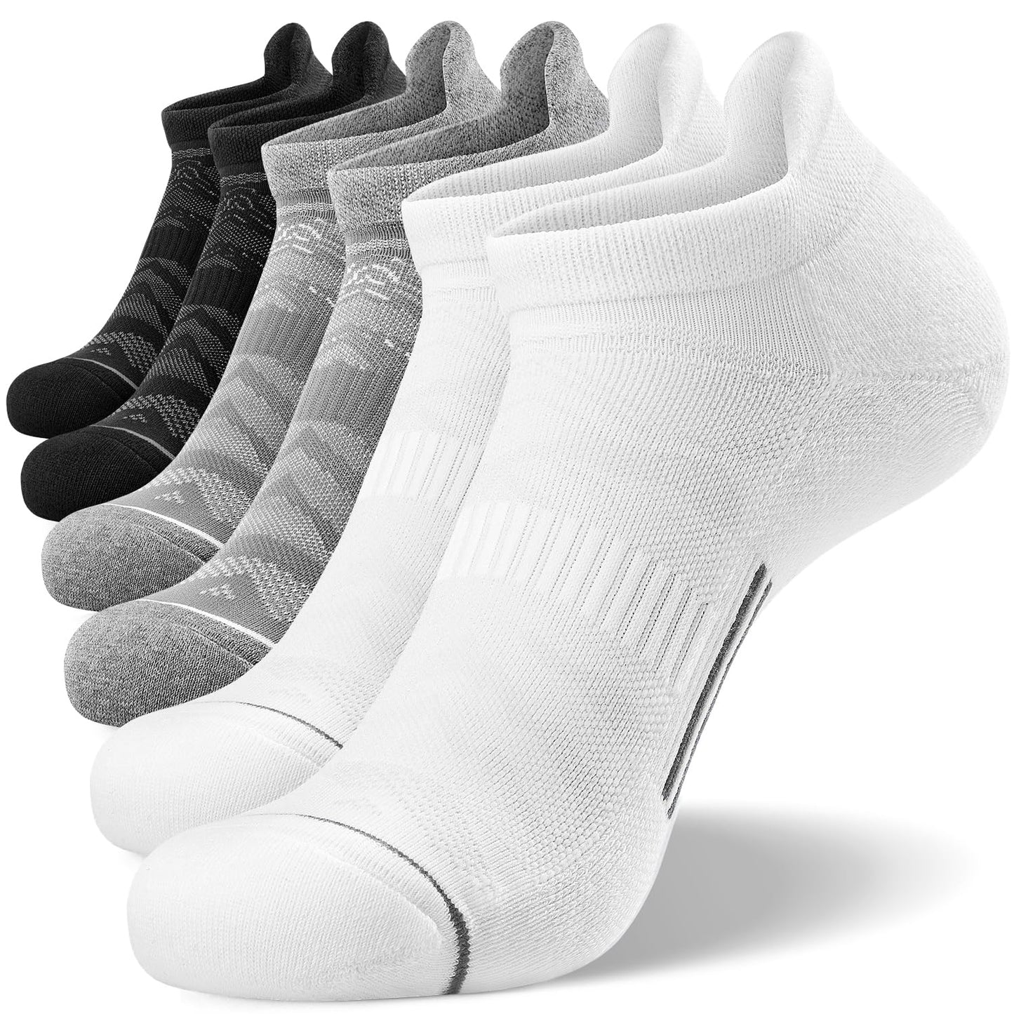 FITRELL 6 Pack Ankle Running Socks for Men and Women Low Cut Cushioned No Show Athletic Sports Compression Socks, Shoe Size 12-15, Black+White+Grey Mixed