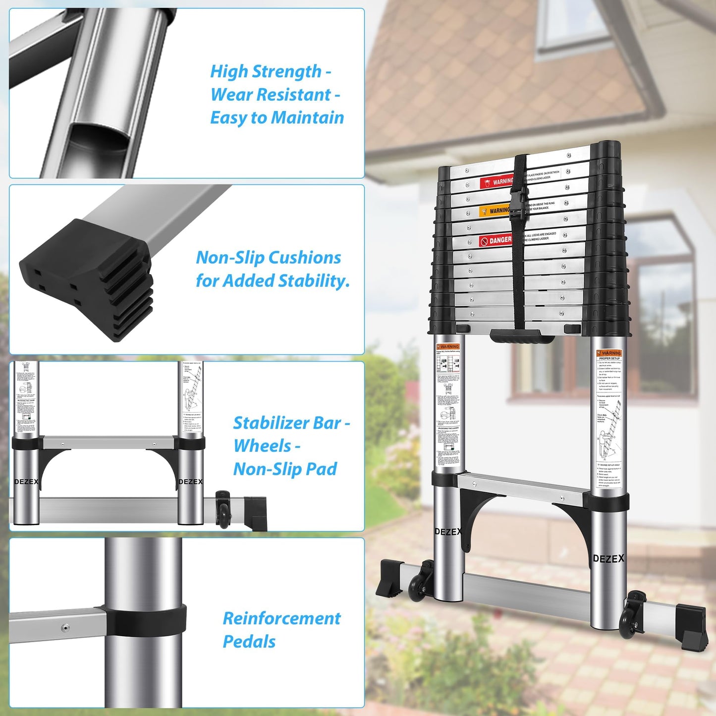 DEZEX 15.5 FT Telescoping Ladders Stainless Steel - One-Button Retraction Collapsible Ladder for Home, RV, Loft, Extension Ladder with 2 Triangle Stabilizers & Balance Bar & Wheels Lasts 330 LBS