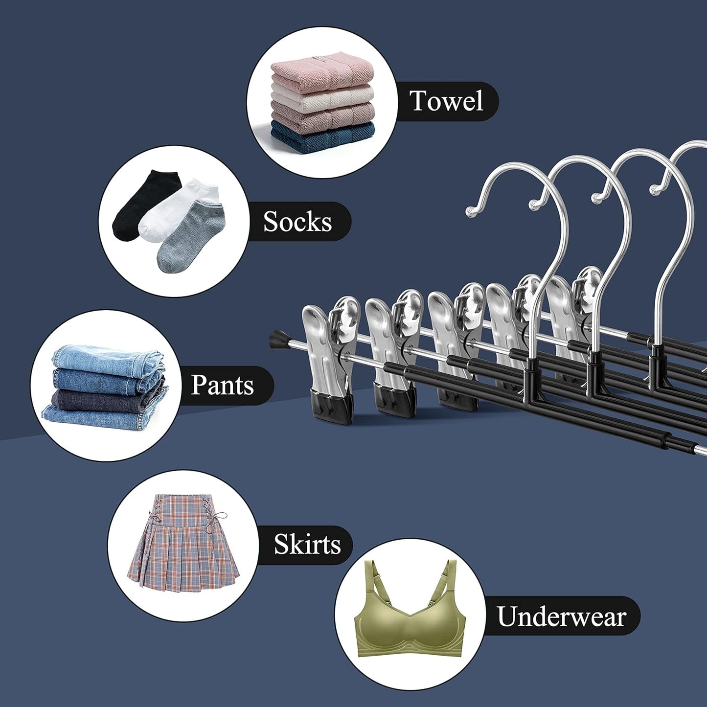Skiennix Pants Hangers with Clips - Adjustable Heavy Duty Non-Slip Design | 20 Pack, Black, 12 Inch