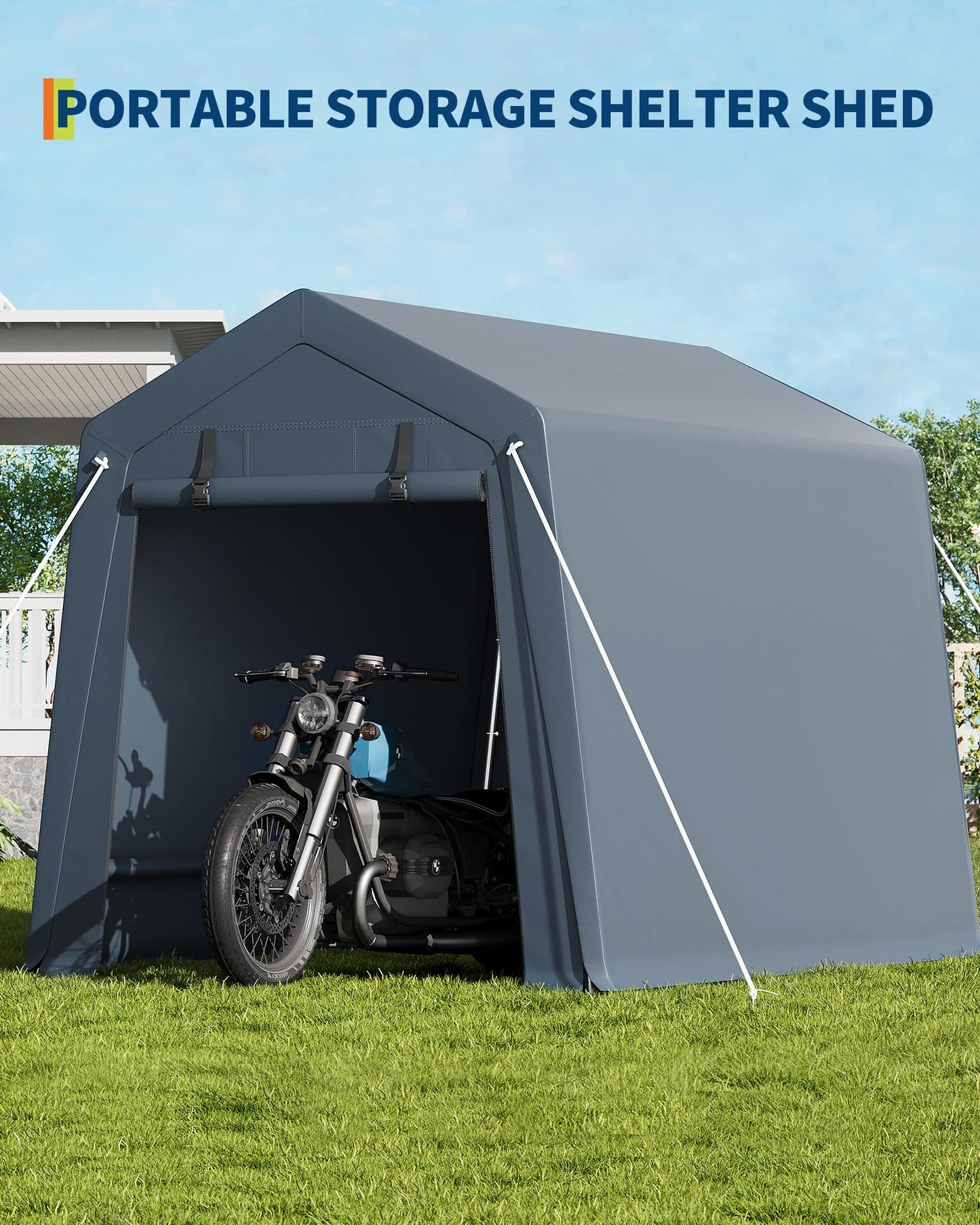 GarveeLife Portable Outdoor Storage Shed with Roll-Up Zipper Door & Vent, 240G Heavy-Duty Shelter Waterproof PE Tarp, UV-Resistant Carport for Motorcycle, Firewood, Tools (Gray, 6'x8')