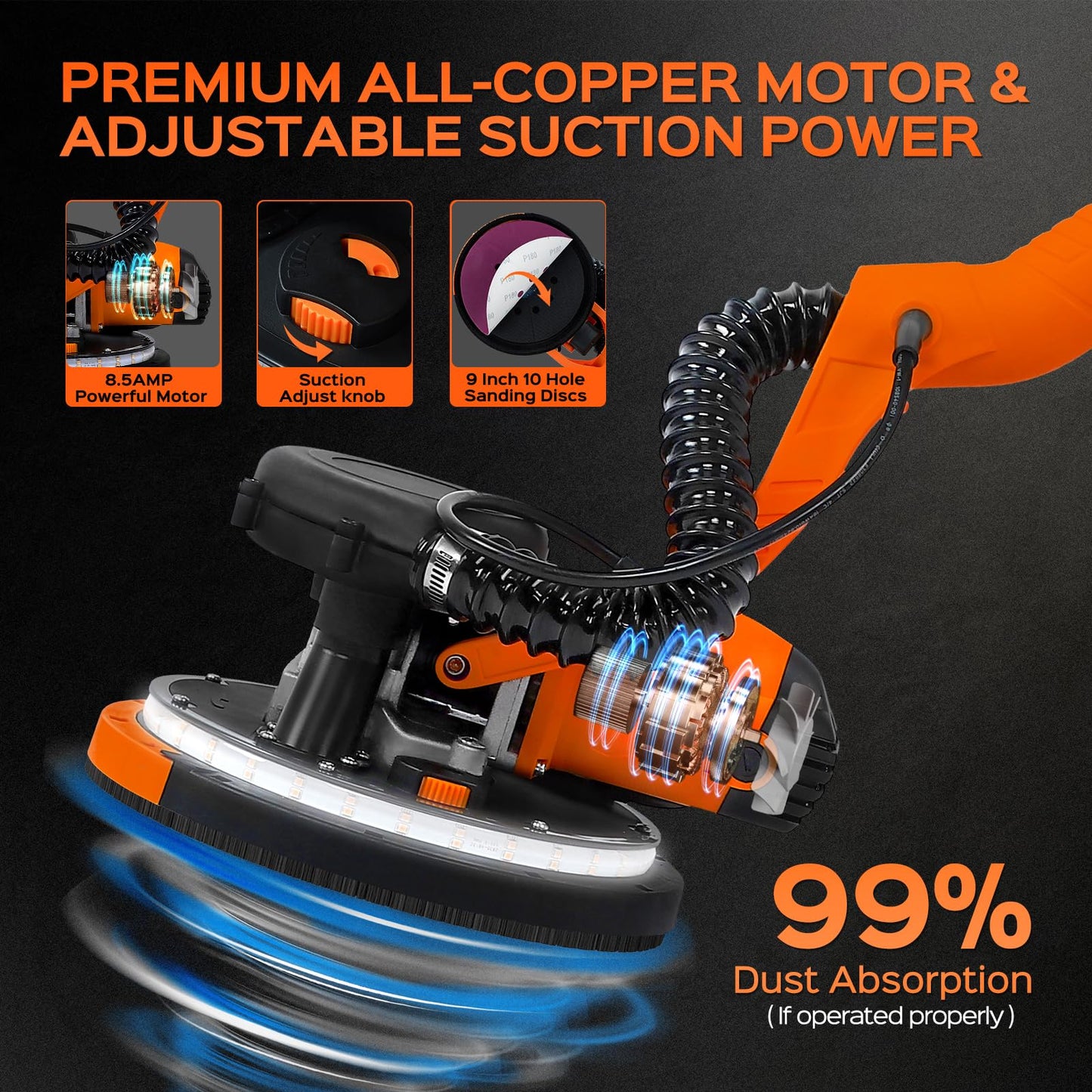 Drywall Sander Tool, KUPERIA 8.5 Amp Popcorn Ceiling Removal Tool with 7 Variable Speed 800-1800RPM,Electric Drywall Sander with Extendable Handle,LED Light,6 Basic Sand Paper& 6 Grid Sandpaper,Orange