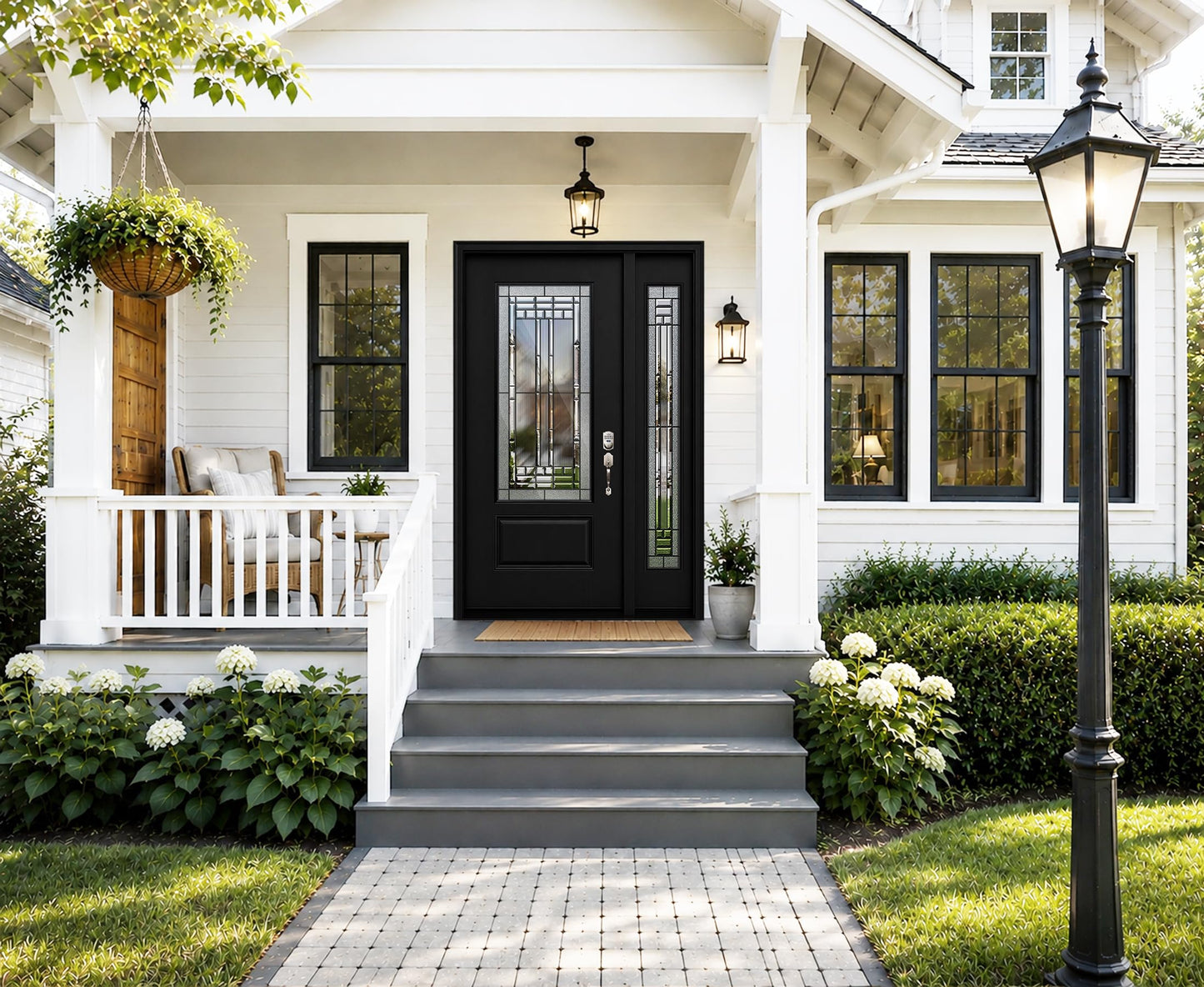 53x80in Fiberglass Front Entry Door with 14in Sidelight, Black Exterior Door for Home, Left-Hand Inswing, Textured Finished with Decorative Glass Knock-Down Door, Vinyl Frame and Brickmould Included