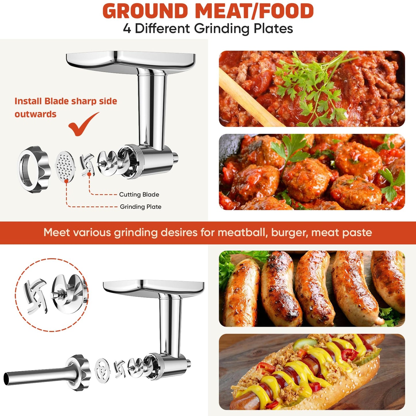 Stainless Steel Meat Grinder for KitchenAid Mixer, Meat Grinders, Sausage Stuffer, Burger Press, For Kitchen Aid Meat Grinder Attachment for KitchenAid Stand Mixer, Dishwasher Safe
