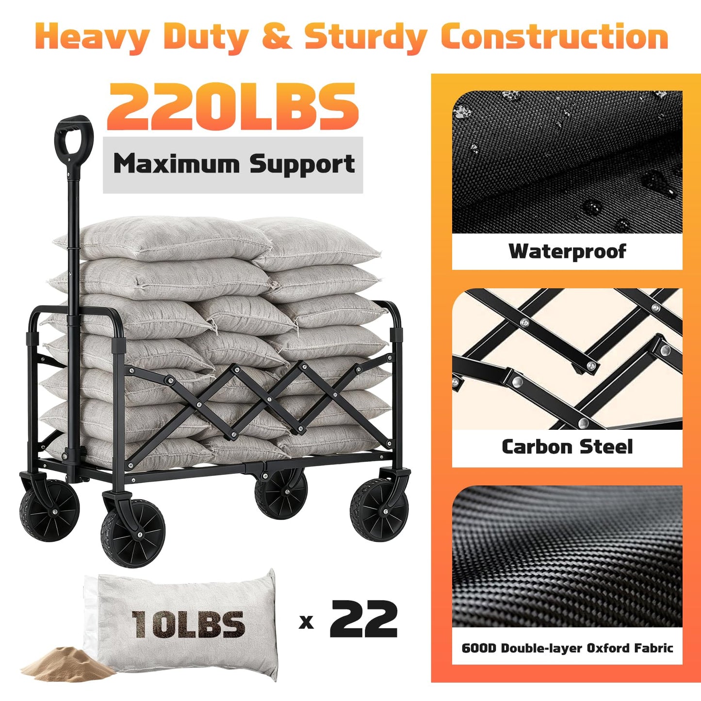 Collapsible Foldable Wagon Cart with Wheels - 220LBS Heavy Duty Folding Wagon Carts, Portable Lightweight Utility Wagon with All-Terrain Wheels & 2 Cup Holders, Grocery/Beach/Sports/Shopping/Black