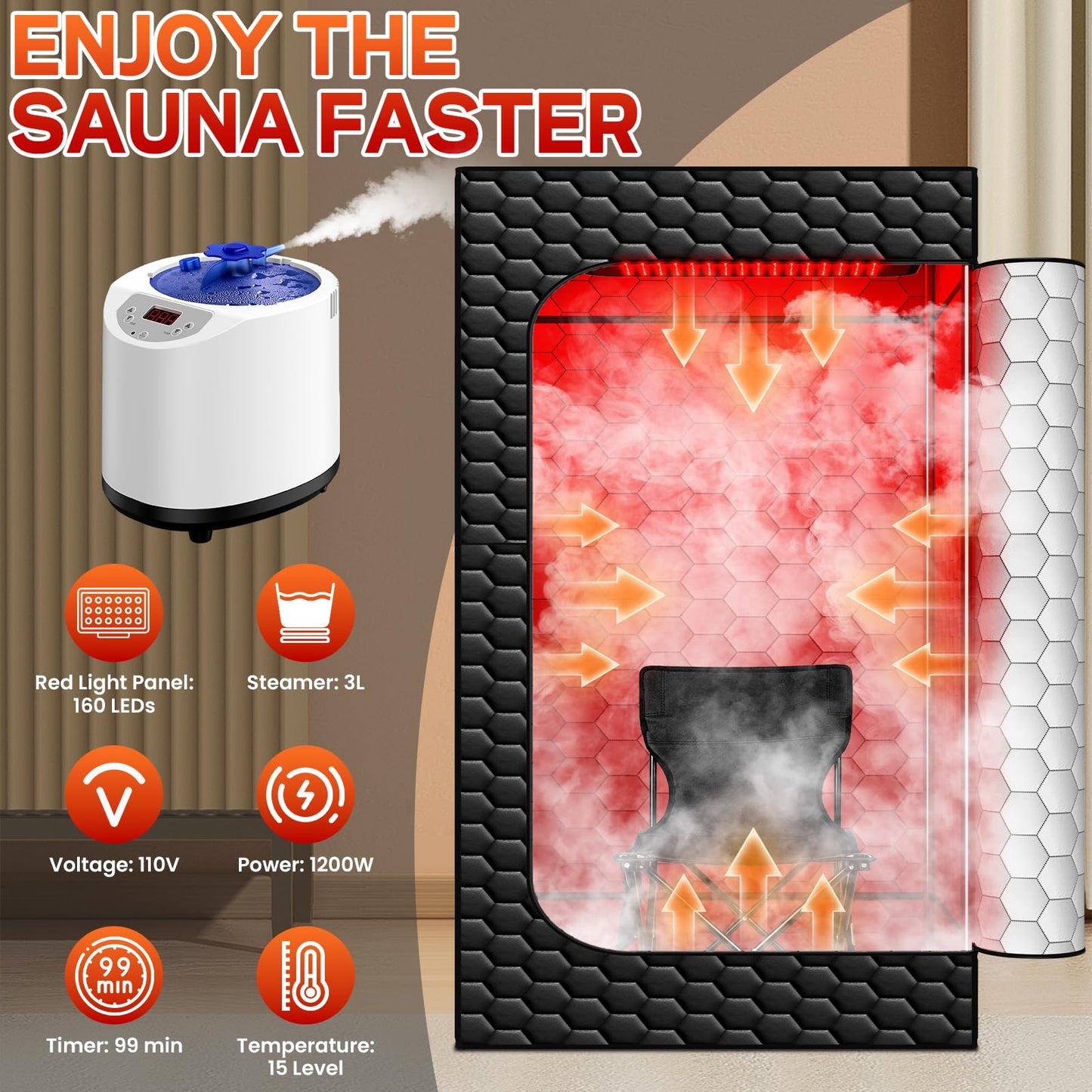 Portable Infrared Sauna, 160 LEDs Red Light Sauna Box, Steam Sauna Tent with 3L Steamer, 15 Heating Levels for Home Spa, Relaxation, Detoxification, Muscle Relief, Indoor & Outdoor, 32" x 32" x 71"