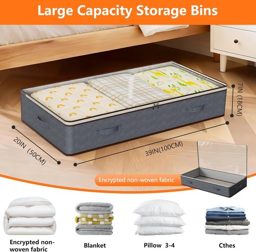 90L Under Bed Storage Containers by [Brand Name] - 4-Pack Closet Organizers with Transparent Lids | Ideal for Clothes, Shoes, Blankets & Pillows - Grey