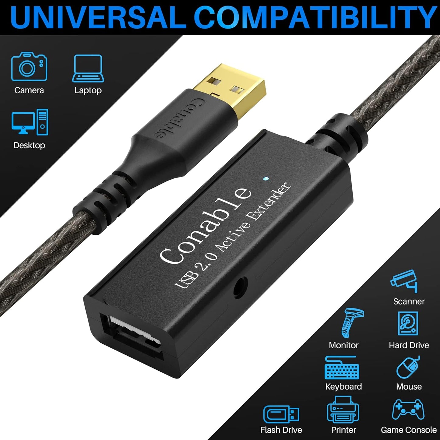50 2.0 2ft 150ft Chipset 22AWG Active USB Extension Cable Feet, USB A Male to Female Cord (from to for Selection)