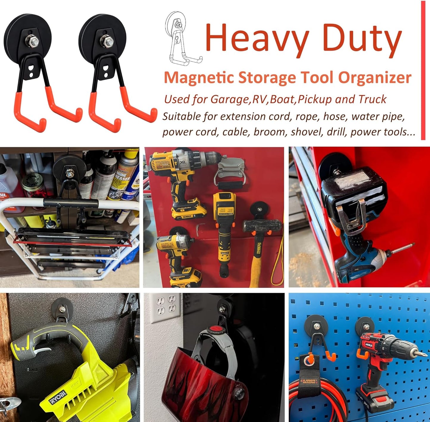 ULIBERMAGNET Heavy Duty Magnetic Garage Hooks - 4 Pack Strong Hooks for Tools & Storage (Orange)