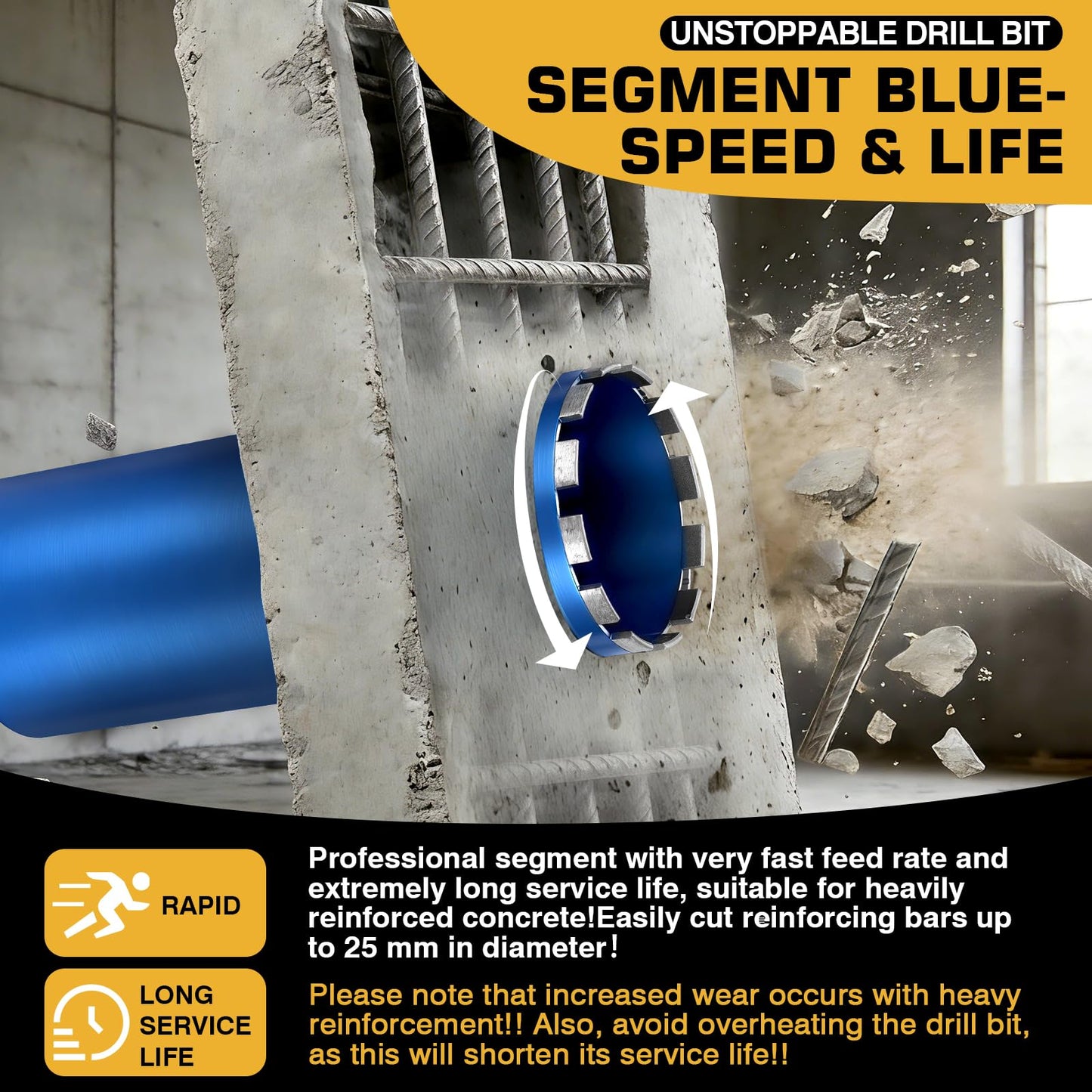 8" Wet Diamond Core Drill Bits, 15" Drilling Depth, 45% Cobalt HRC 70 Concrete Core Drill Bit, 1-1/4-7" Thread, Laser-Welded Segments, Core Bits for Concrete, Masonry, Brick, Mortar
