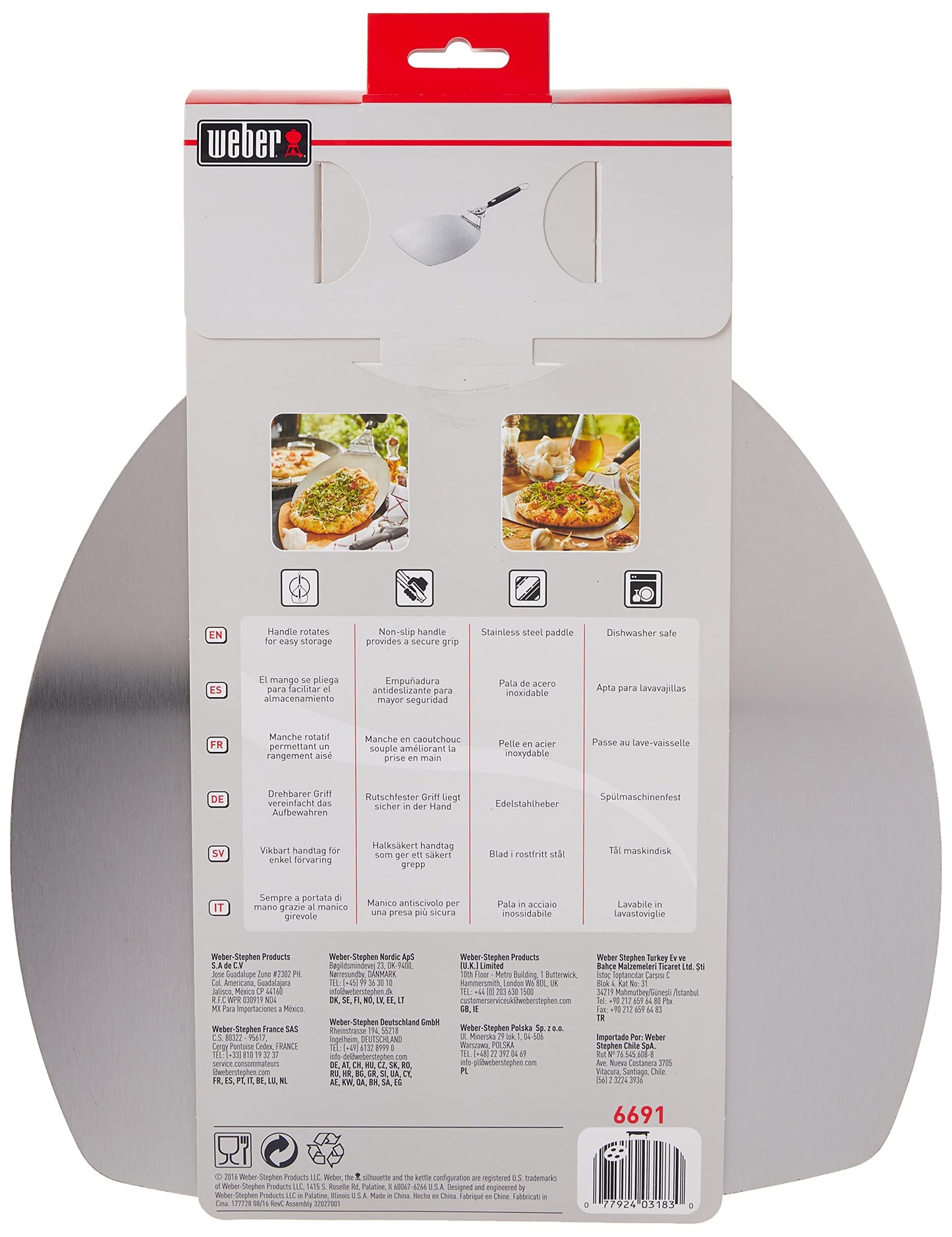 Weber Original Pizza Paddle – Stainless Steel Pizza Peel with Rotating Handle, Supports 12-Inch Pizzas up to 2.5 lbs, No‑Slip Grip & Hanging Loop