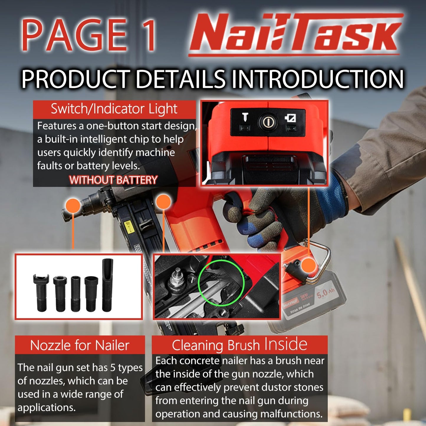 NailTask Cordless Electric Concrete Nail Gun 20V Power Pin Nailer Kit Fastener Machine Nailer Brushless Motor Tools (Without Battery) for Fastening Sheet Iron to Concrete Brick Wall Plumbing Work