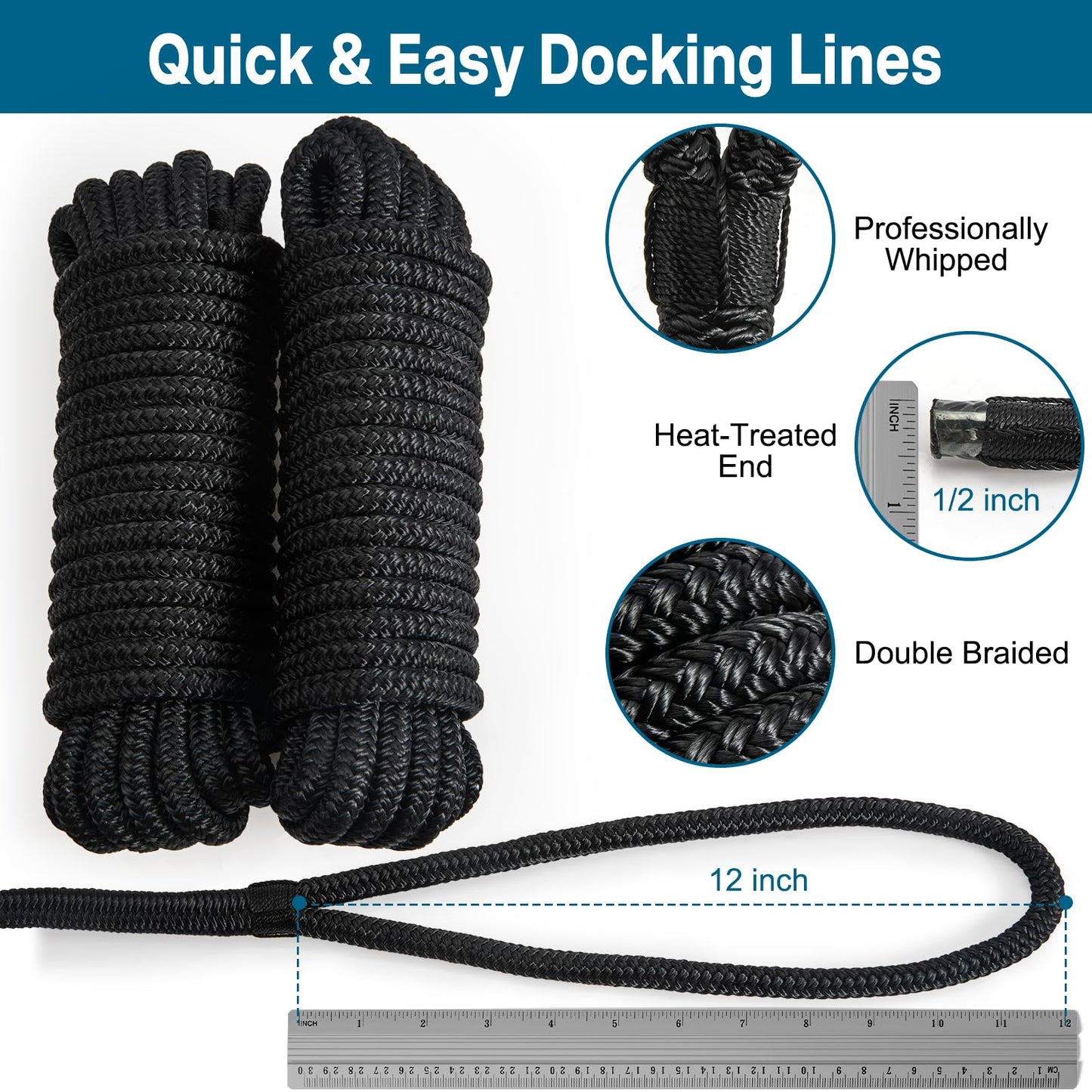 4 Pack 1/2" x 25’ Boat Dock Lines for Boat & Pontoon, Premium Marine- Grade Double Braided Nylon Dock Line, Pre-Spliced with a 12" Eyelet-Black,Boating Gifts for Men