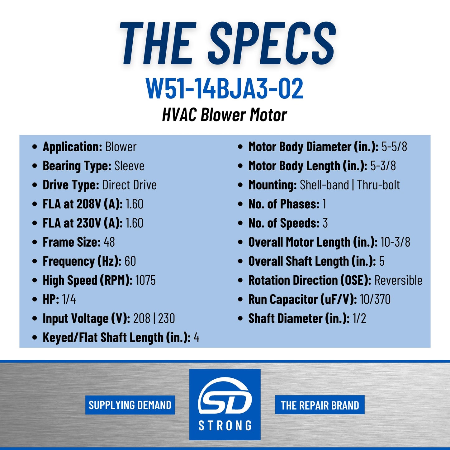 Supplying Demand W51-14BJA3-02 HVAC Blower Motor 1/4 HP 1 Phase 3 Speed 208/230V 1075 RPM