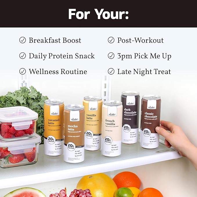 Slate Milk - High Protein Iced Coffee - Energy Variety Pack - Caramel Latte, Mocha Latte, Vanilla Latte - 175mg Caffeine, Lactose Free - 20g Protein, 1g Sugar - Protein Coffee - 11 fl oz, 12 Cans