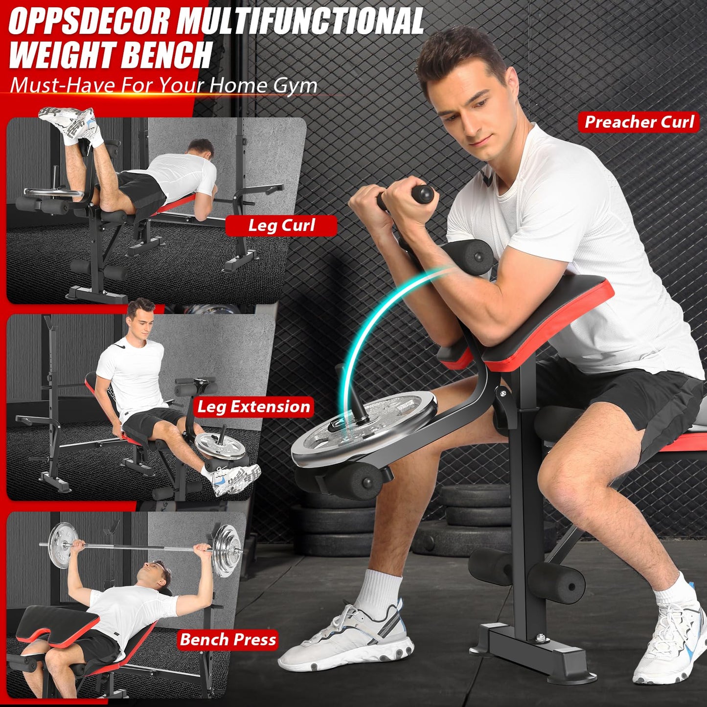 OPPSDECOR 6 in 1 900LBS Weight Bench with Leg Extension and Leg Curl, Foldable Bench Press Set and Squat Barbell Rack with Preacher Curl, Adjustable Workout Bench for Home Gym Strength Training PXZXYX1 (Red)