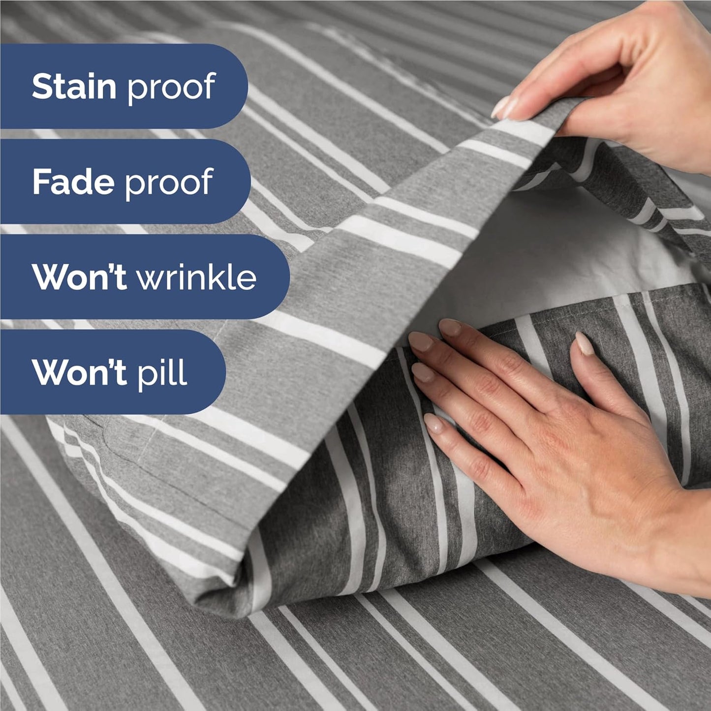 Skiennix Twin XL 3-Piece Sheet Set - Comfy Cooling Bed Sheets with Deep Pockets - Grey Stripes