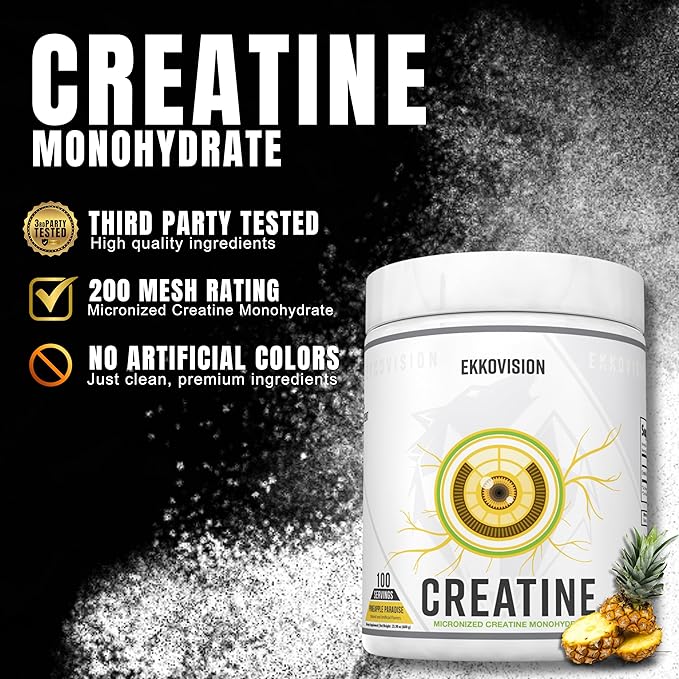 Ekkovision Creatine Monohydrate Powder, Micronized, Pineapple Paradise, Pre Workout & Post Workout Supplement for Men and Women, Energy Support, Easy to Mix in Shakes, Smoothies & Beverages, 100 Srvgs