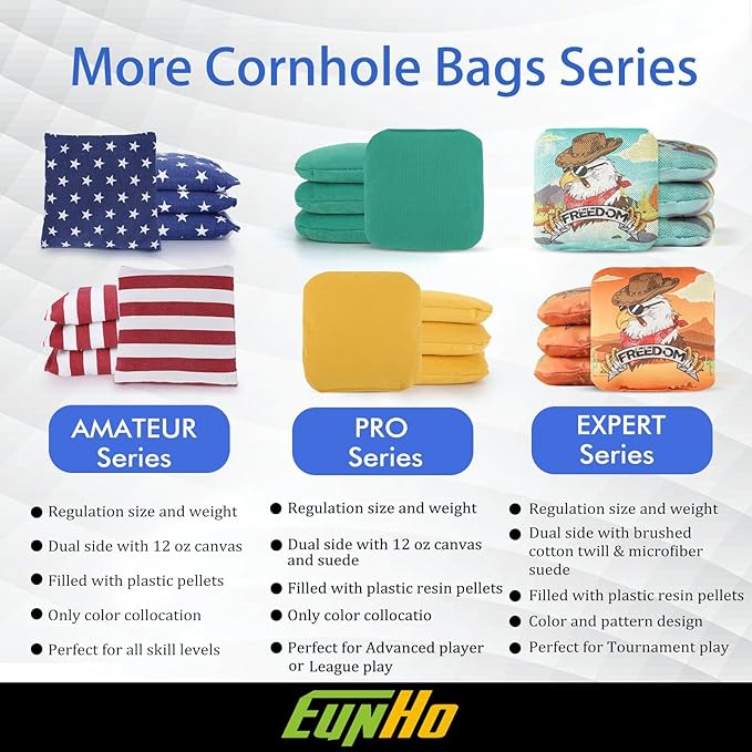 EunHo Dual Sided Cornhole Bags Regulation Set of 8 Professional Cornhole Bean Bags Slick and Stick for Tossing Game-All Weather