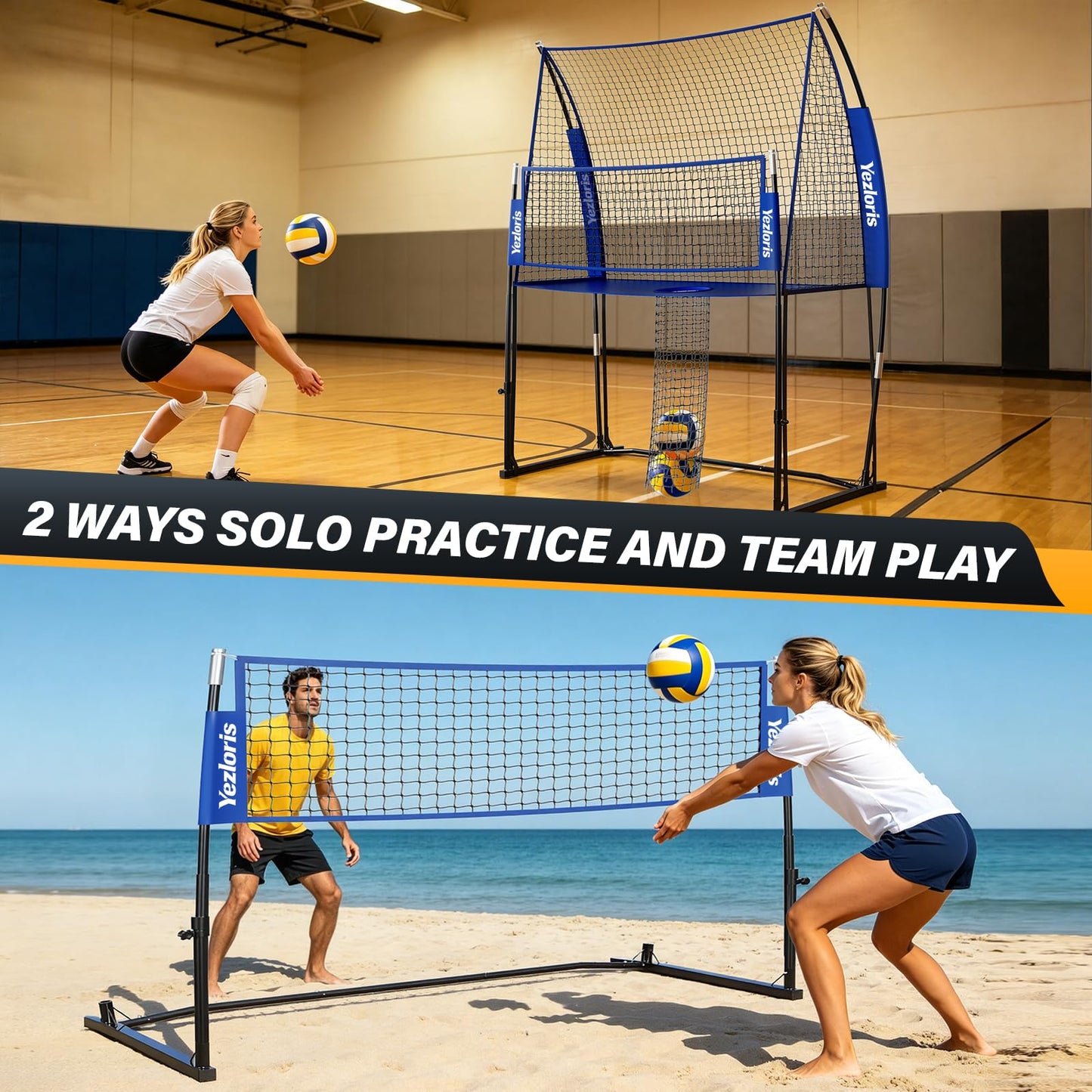 Volleyball Training Net Equipment System, Freely Adjustable 2-in-1 Volleyball Practice Net for Serve Spike Hitting Training, Stable Frame Fast Setup Portable Volleyball Net for Backyard Indoor Outdoor
