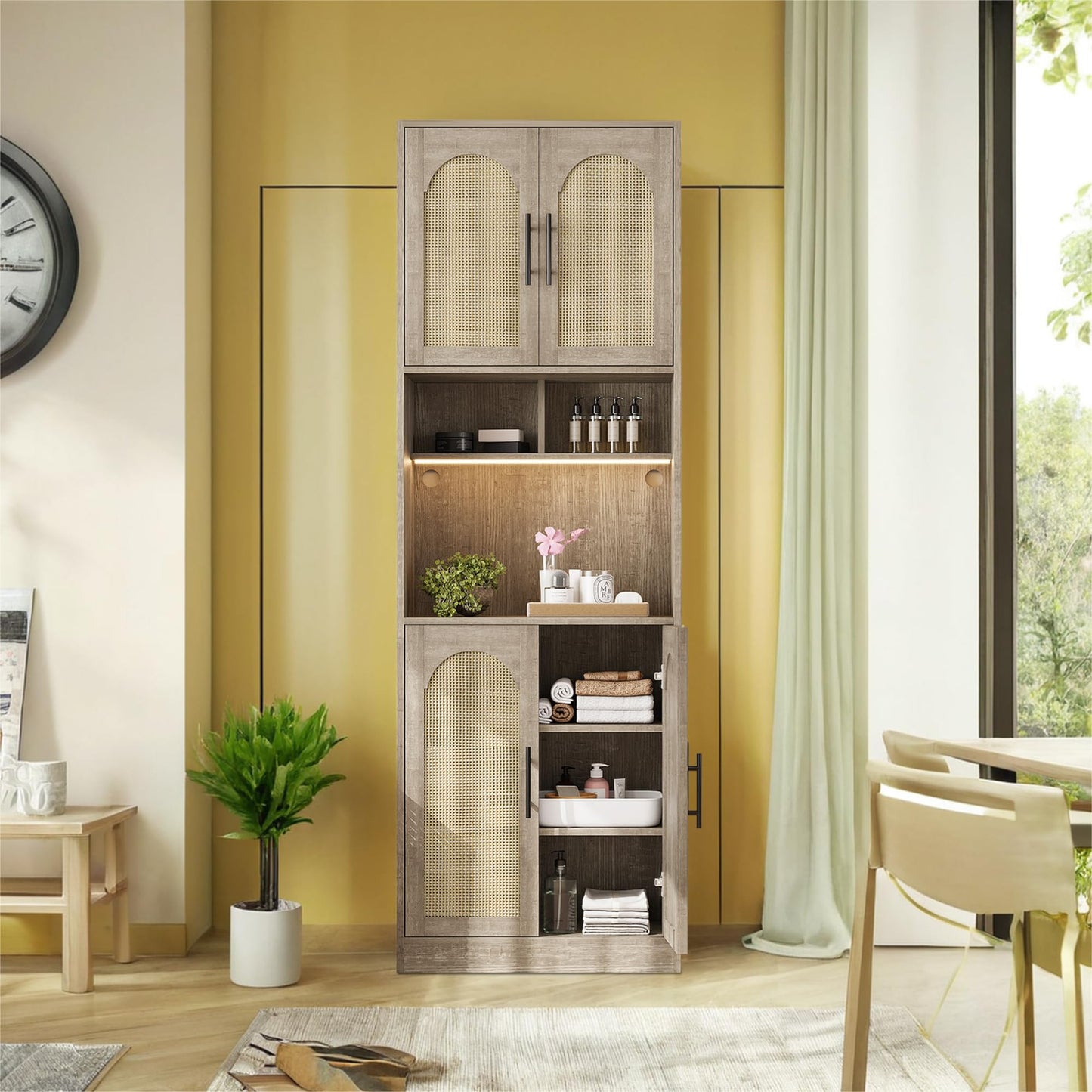 IDEALHOUSE 71" Tall Pantry Cabinet with Countertop & LED Light Strip – Kitchen Storage Cabinet with Microwave Shelf & Adjustable Shelves, Farmhouse Kitchen Hutch for Dining Room, Oak