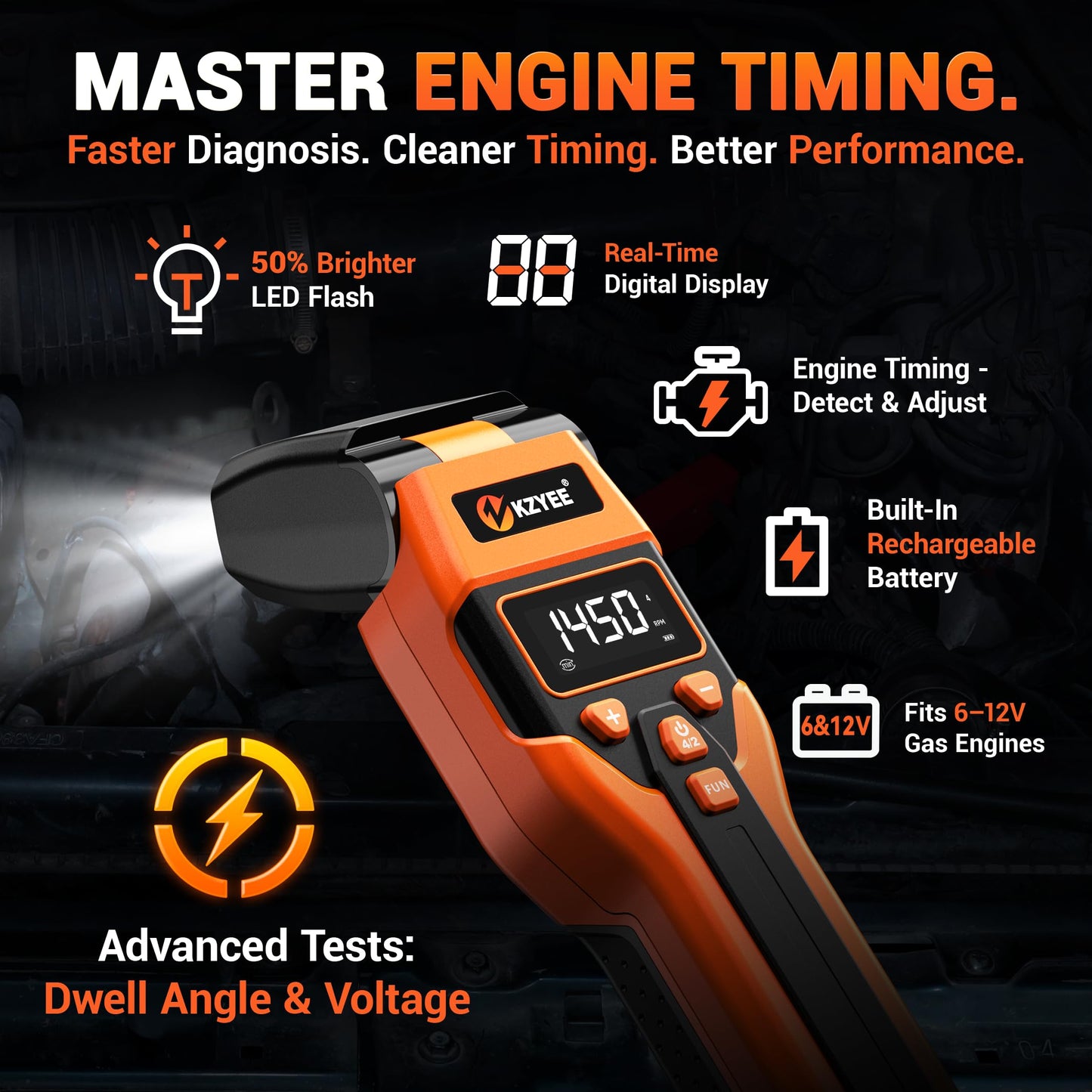 KZYEE KT80 Automotive Inductive Timing Light with Tachometer (RPM), Advance, Dwell Meter & 0-35V Voltage Test, 60° Adjustable LED Strobe, USB-C Rechargeable & 12V Backup, for Distributor Gas Engines