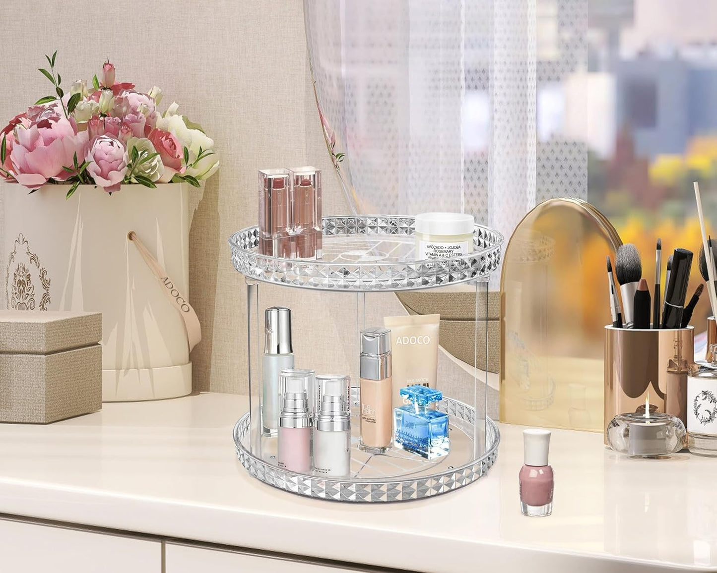 Skiennix 2-Tier Diamond Lazy Susan Bathroom Organizer - 360° Rotating Clear Makeup & Skincare Storage | 9.25 Inch