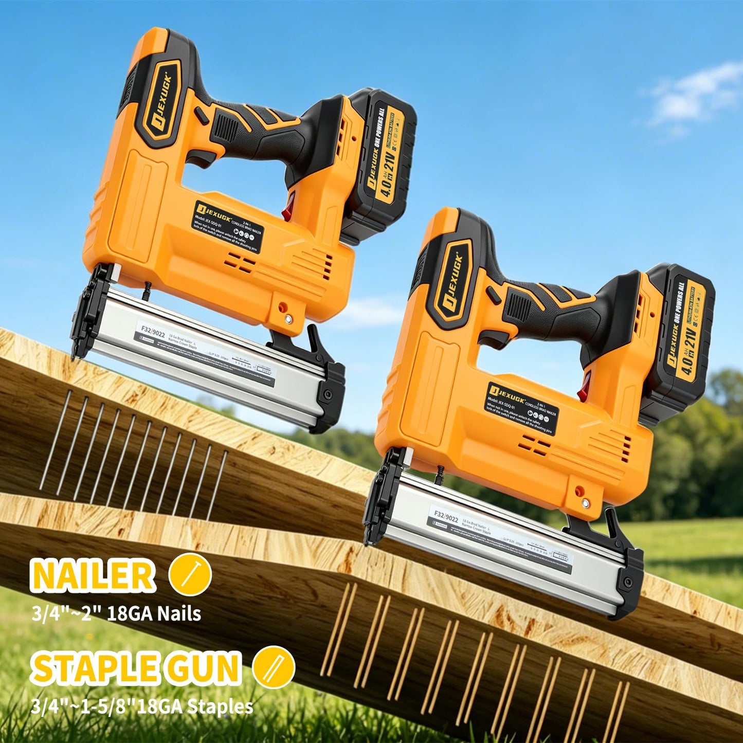 JEXUGK Cordless Brad Nailer, 18 GA Nail Gun Battery Powered with 2 x 4.0Ah Battery, 2 in 1 Electric Nail Gun with 1000 Brad Nails and 1000 Staples, Finish Nailer for Woodworking & Home Improvement