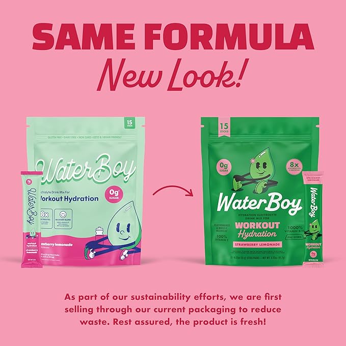 Waterboy Workout Hydration | 2,960mg Sugar Free Electrolyte Powder Packets | L-Glutamine + Vitamins | No Sugar, All Natural, Gluten Free | 15 Drink Stick Mixes (Strawberry Lemonade)