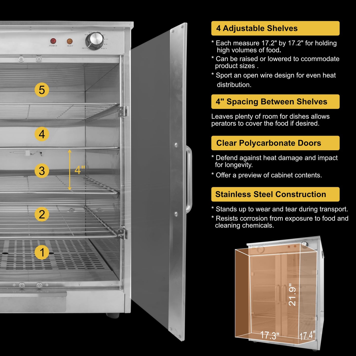 5-Shelf Electric Hot Box Food Warmer, Fits up to (10) 16" Pizza Boxes, Countertop Heated Holding Cabinet for Pretzels, Warming Machine for Home and Commercial Use, w/Water Drawer, 120V 600W
