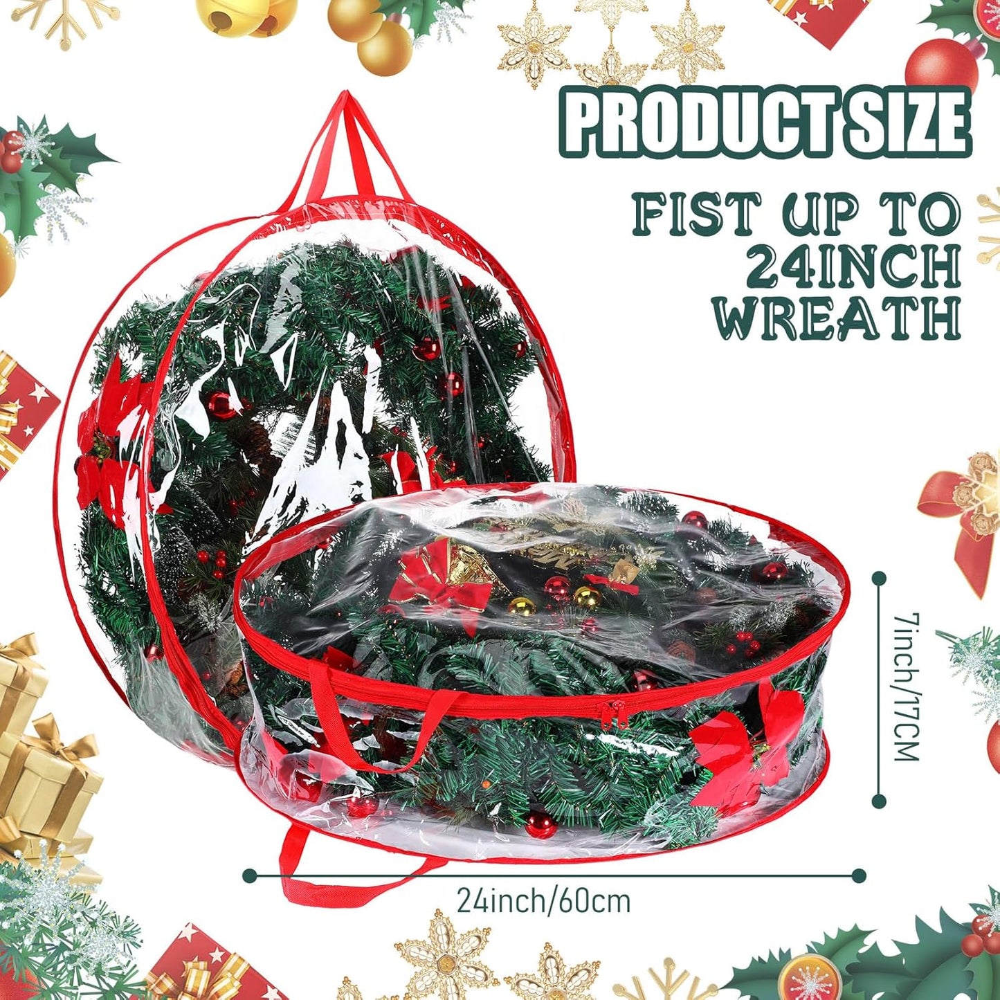 Shappy Christmas Wreath Storage Bag - 24-Inch Clear Container with Dual Zippers & Reinforced Handles | Red