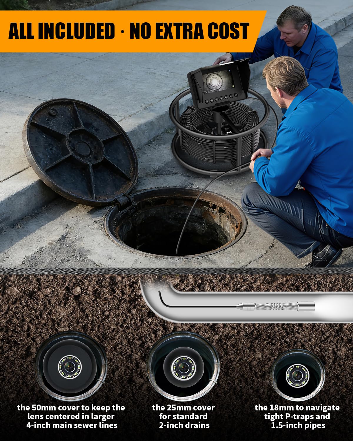 Sewer Inspection Camera 100ft/30M with 4.3" Monitor, 32GB DVR Drain Camera, 18mm 1080p Probe & 8500mAh Battery, IP68 Waterproof Endoscope – Heavy Duty All-Metal Rack for Plumbing, Drain Inspection