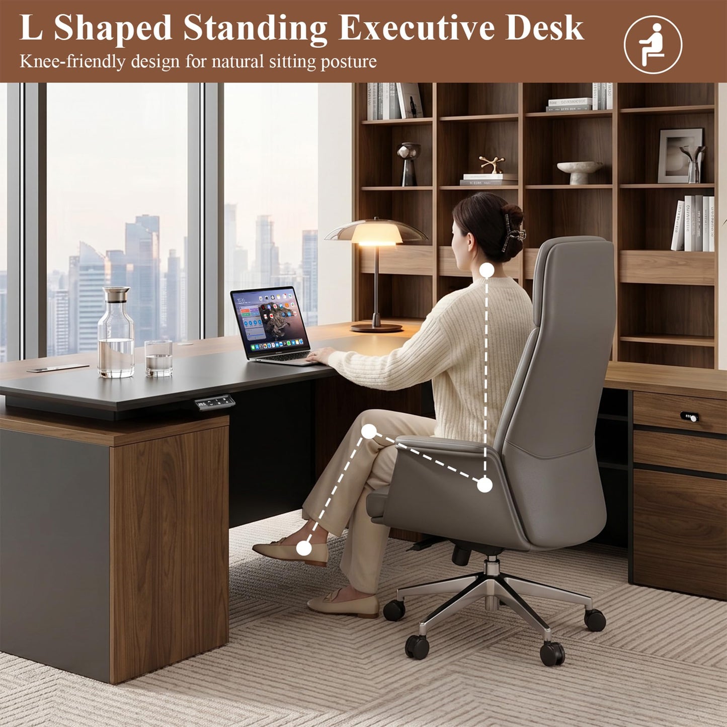 ZIMASYA 79" L Shaped Executive Desk with File Cabinet Drawers Outlet USB, Dual-Motor Adjustable-Height Modern Executive Desk with Privacy Panel for Boss Managers Office Home Natural Wood & Grey
