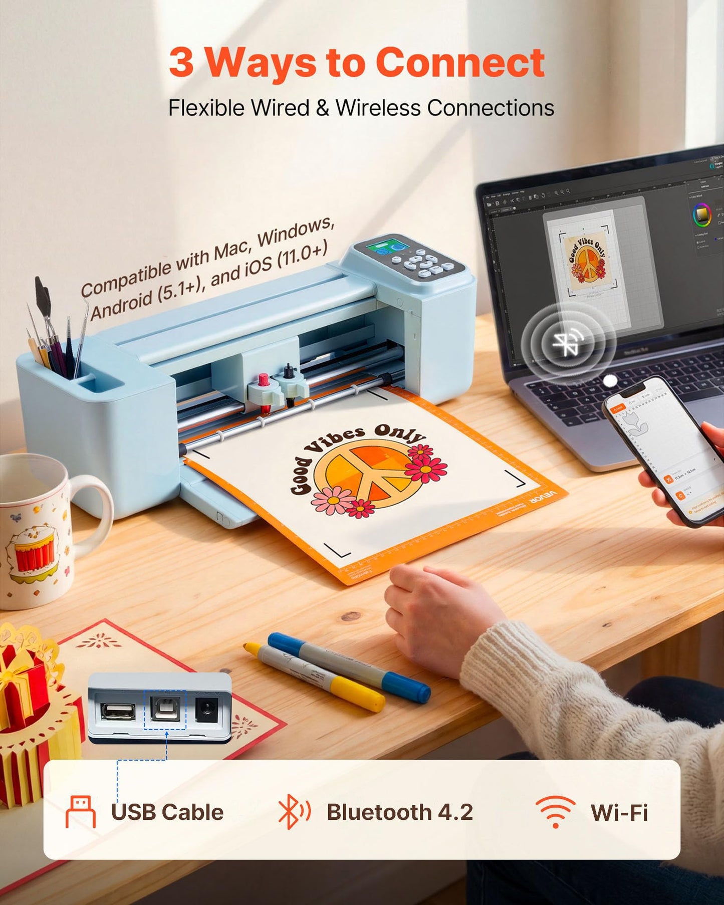 VEVOR Vinyl Cutting Machine, 12 in, Button and Screen Controlled Vinyl Cutter, 20000+ Built-in Design Resources, Compatible with Mac, Windows, Android and iOS, for Creating Customized Crafts Cards