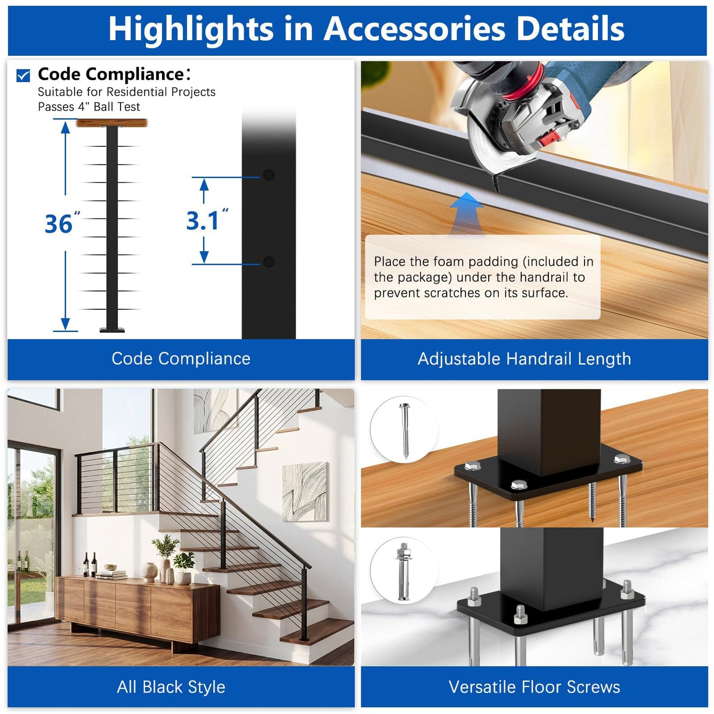 Zylorix 4ft-8ft Complete Set Cable Railing System 36" with Cuttable Handrail, Modular Black T304 Stainless Steel Level Cable Railing Posts Kit, One-Stop Easier for DIY Indoor Outdoor Horizontal Decks