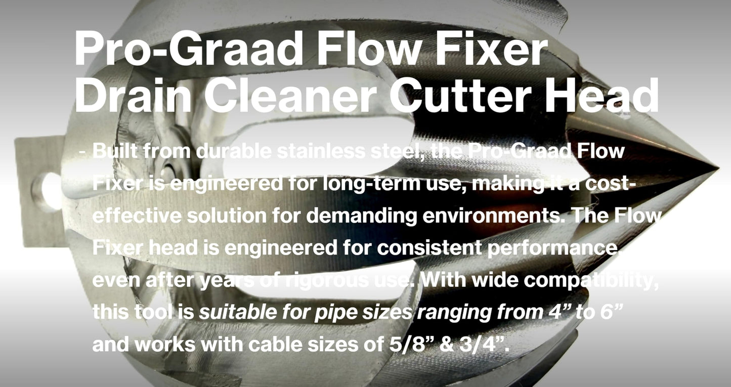 Pro-Graad Flow Fixer 3" Drain Cleaner Plumbing Snake Cutter Head for 4" – 6” Pipes, Clears & Scrapes Pipe Inner Walls, Fits 5/8” & 3/4" Cables, for Commercial & Residential Use