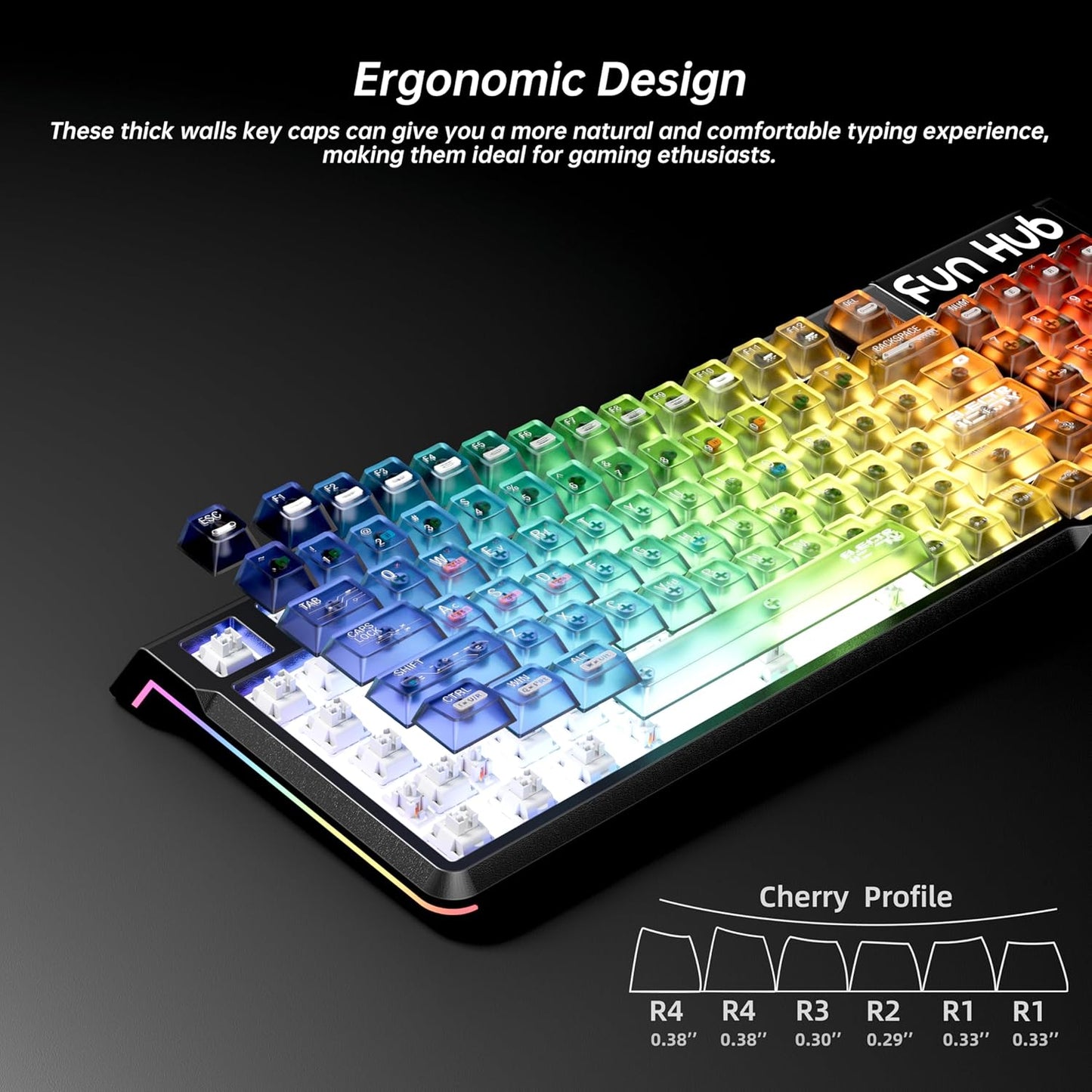 FunHub 115 Set 60 65 75 100 Black Transparent Keycaps,Clear Plastic Key Caps Cherry Profile RGB Backlit Shine Through