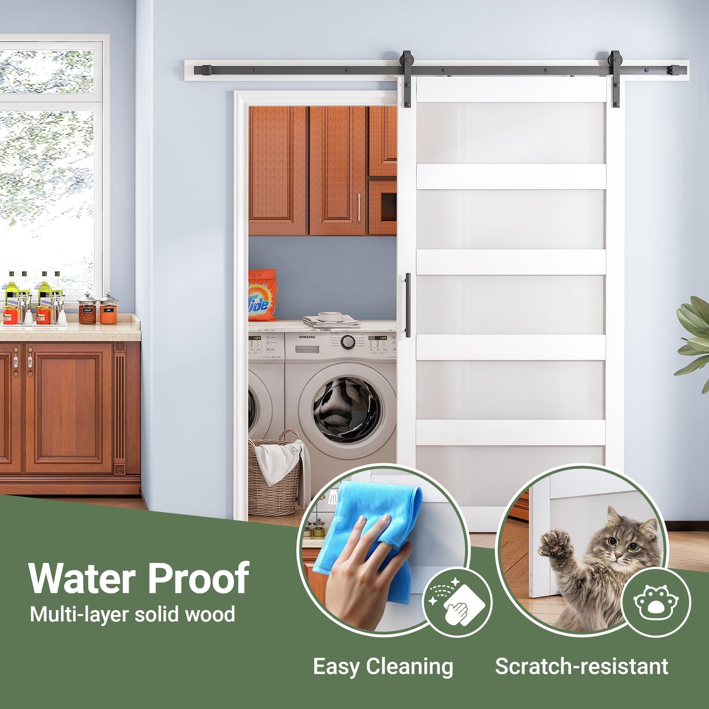 OHTOMO 36 in x 84 in Sliding Barn Door, 5-Lite Frosted Glass Door with 6.6FT Hardware Kit, Floor Guide Included, Waterproof PVC Surface, Pre-Drilled Holes, Need Assembly for Bathroom Kitchen White