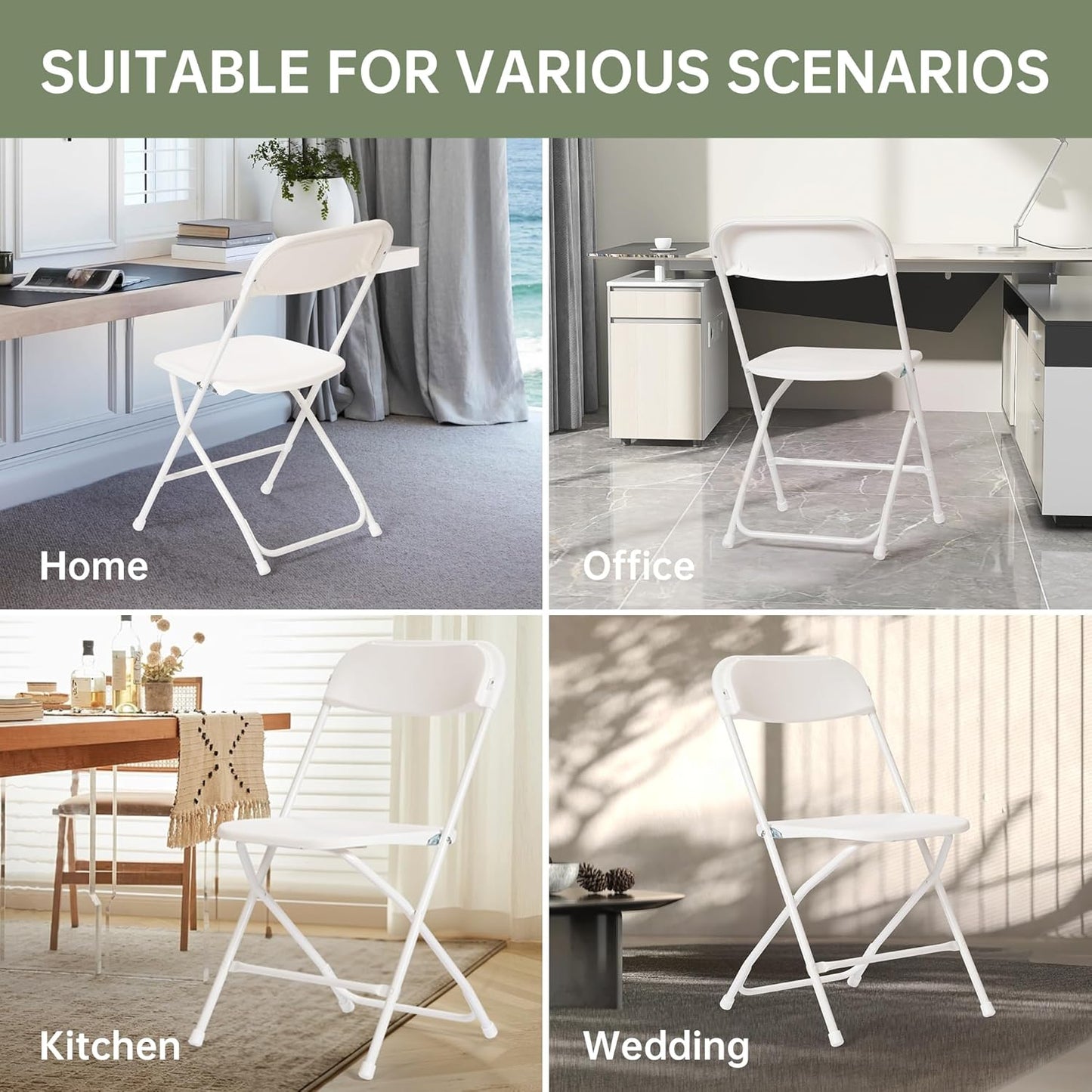 Skiennix Heavy-Duty Plastic Folding Chairs - 10 Pack, 350 LB Capacity, Portable for Indoor/Outdoor Events | White