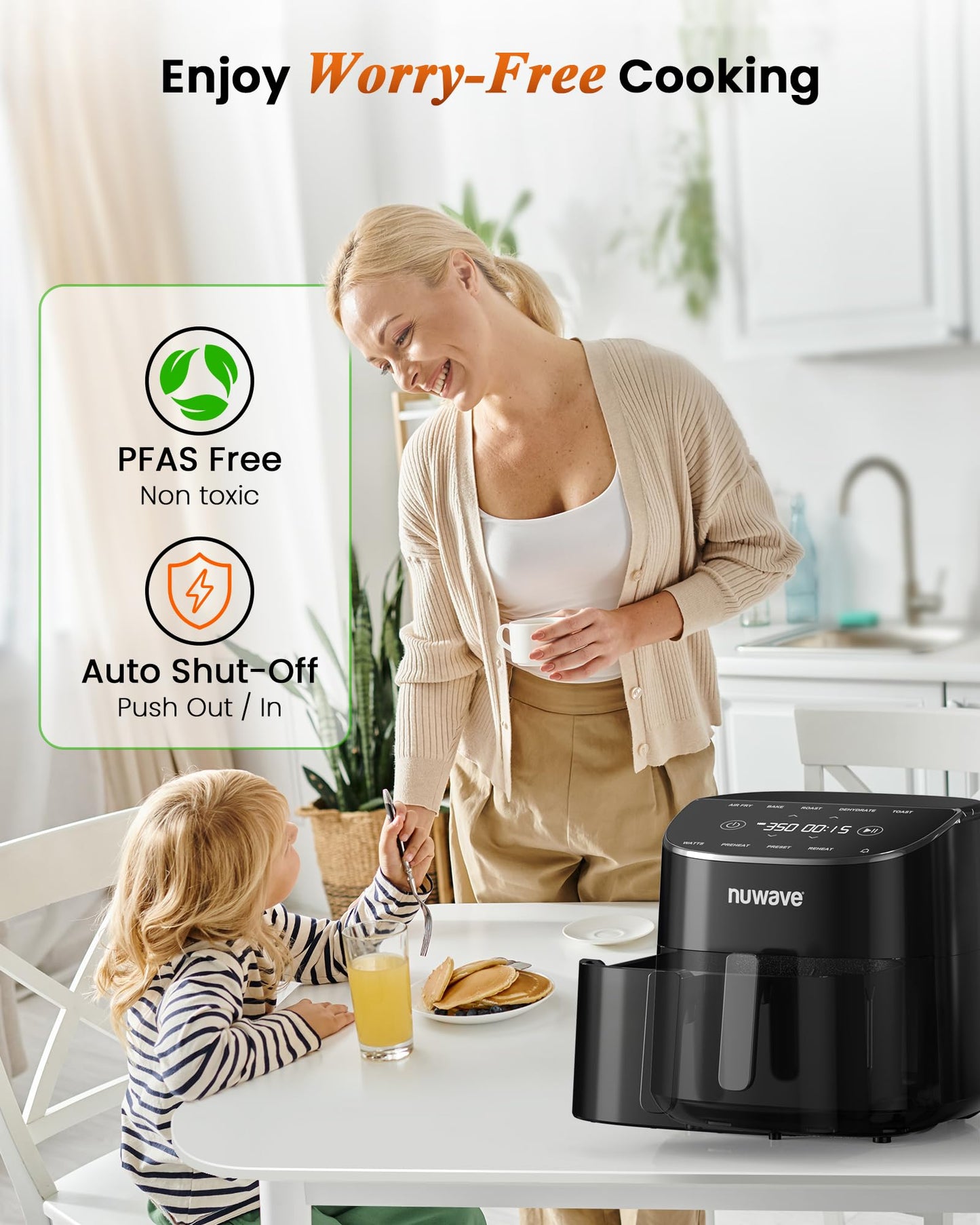 Nuwave Brio Plus Air Fryer 8 Qt, New & Improved, PFAS-FREE, 7 Digital One-Touch Cook Functions that AIR FRY, BAKE, ROAST, DEHYDRATE, TOAST, REHEAT, PREHEAT, 150 Presets, 50°F~400°F (Black)