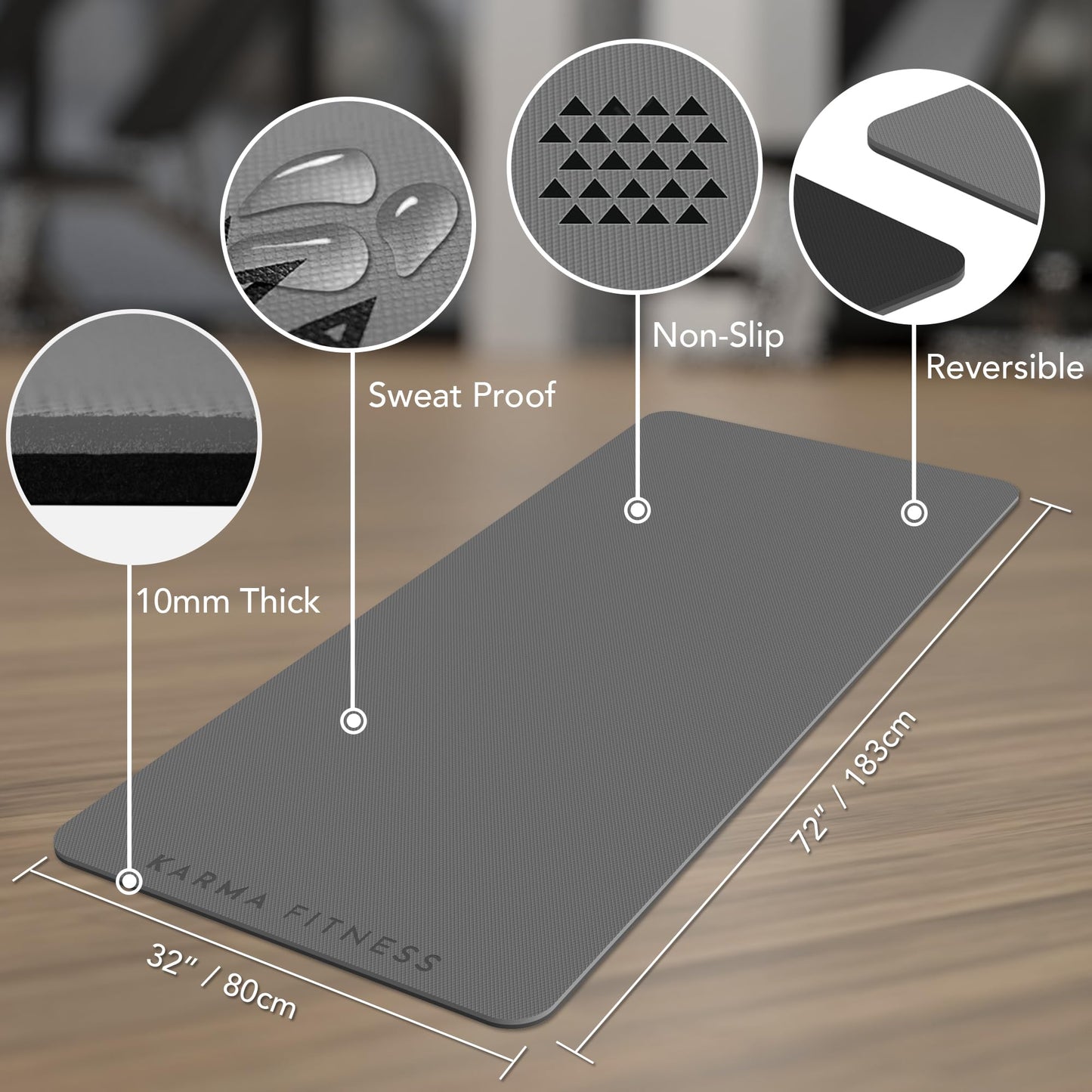 Large Exercise Mat – Extra Thick 10mm Workout Mat (72"x32") – Non-Slip TPE Yoga Mat for Women & Men – Pilates, HIIT, Fitness & Home Gym Mat – Includes Free Carry Bag (Dark Grey Plain)